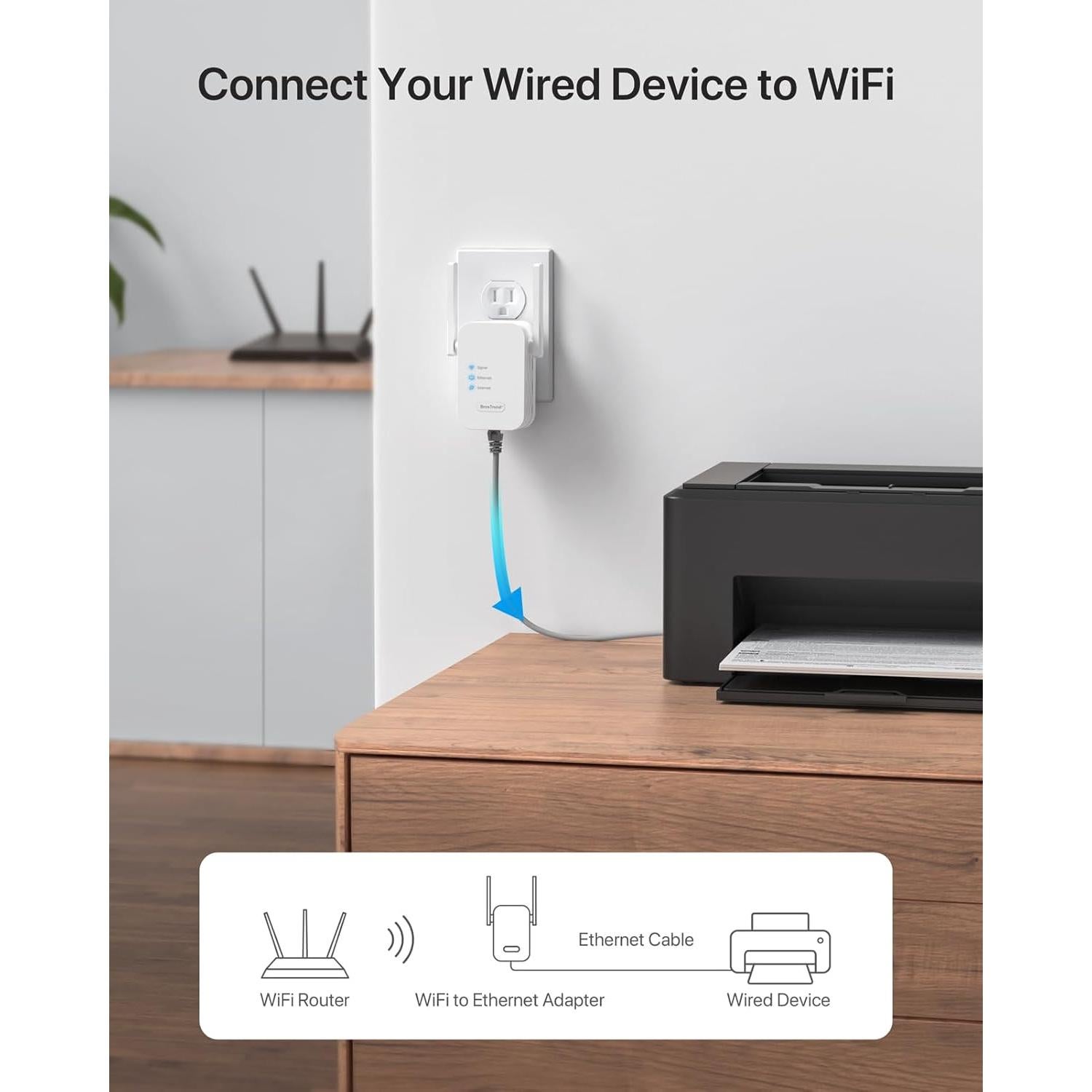 Adaptador WiFi a Ethernet BrosTrend N300, 100Mbps RJ45