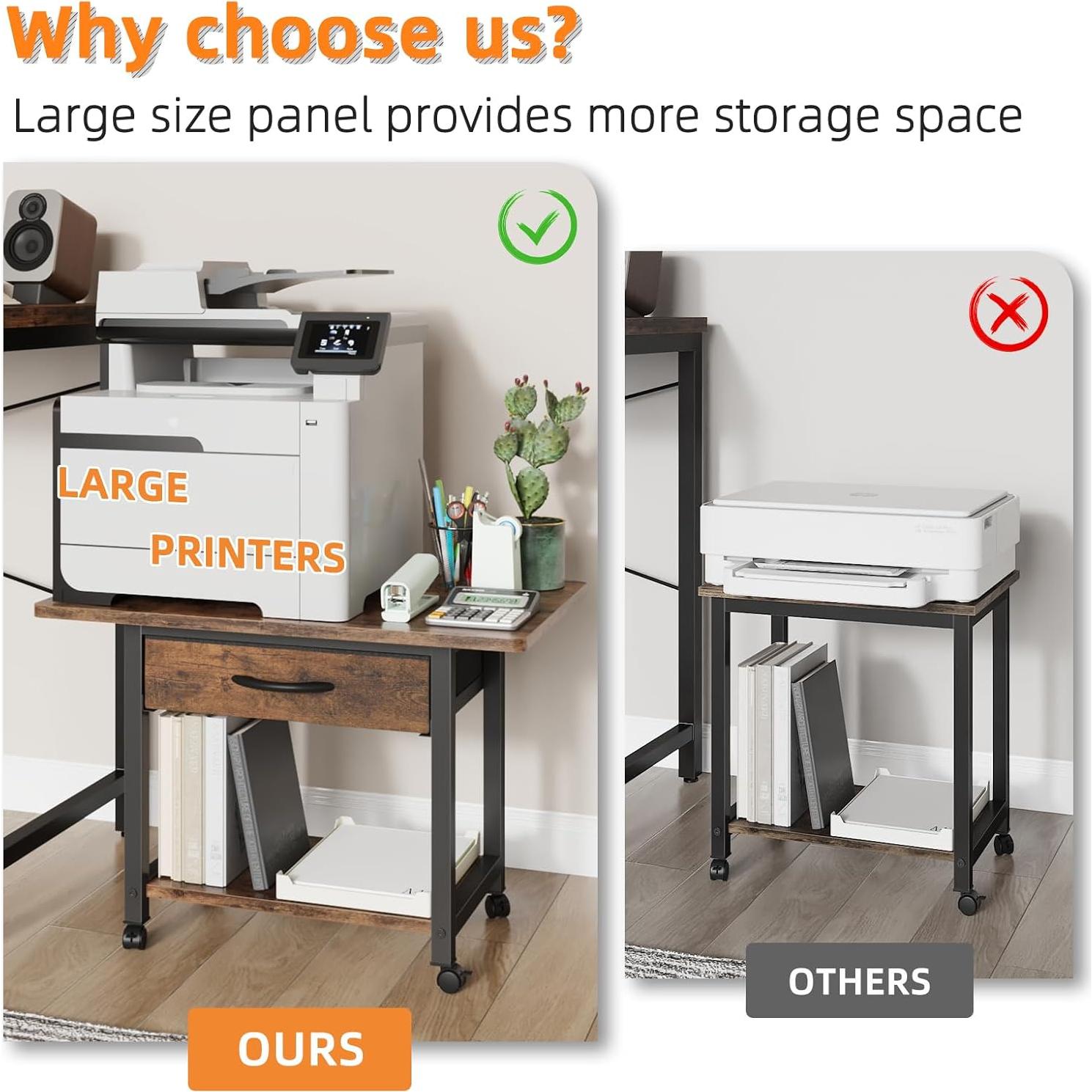 Soporte de Impresora Grande YAOHUOO 2 Niveles con Cajón Marrón