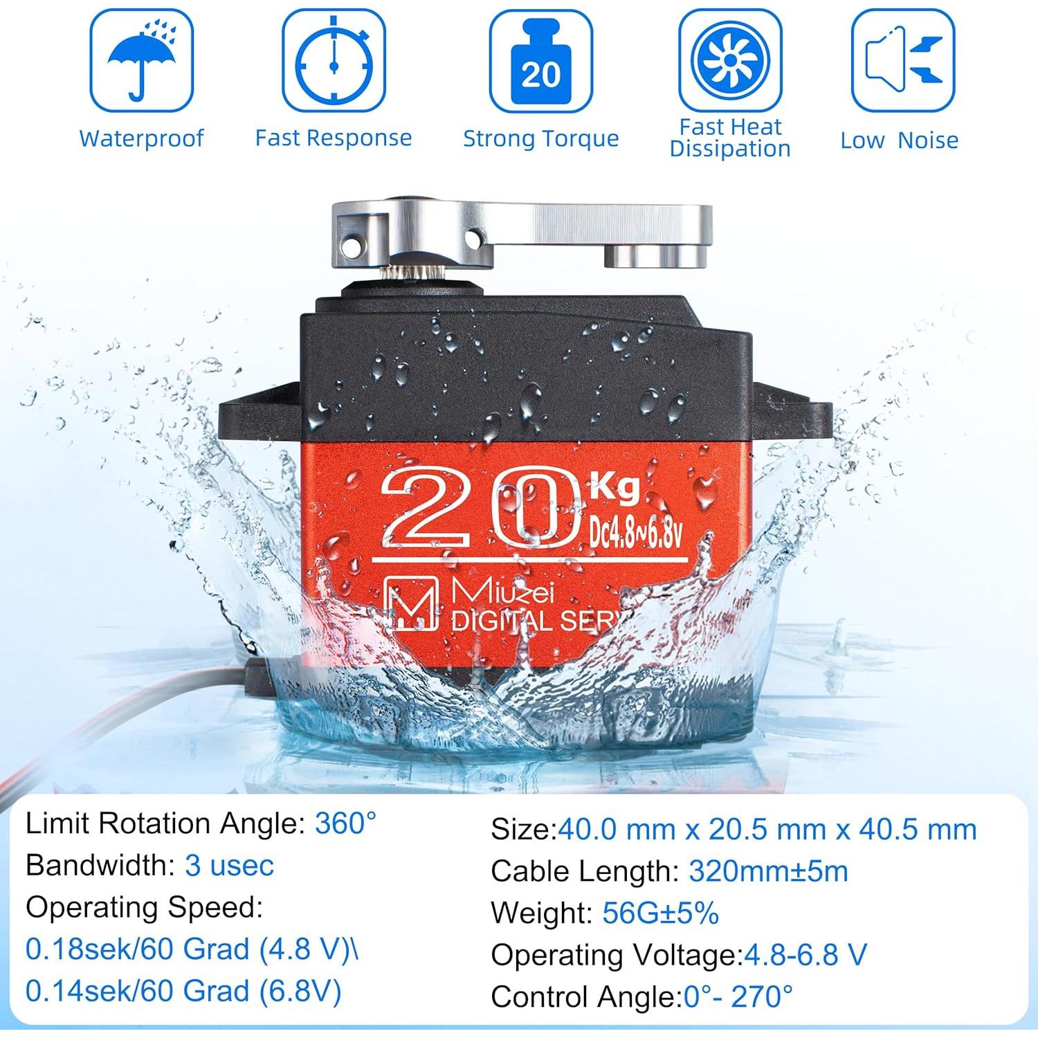 Servo Motor Digital Miuzei 20KG 270° Impermeable para RC