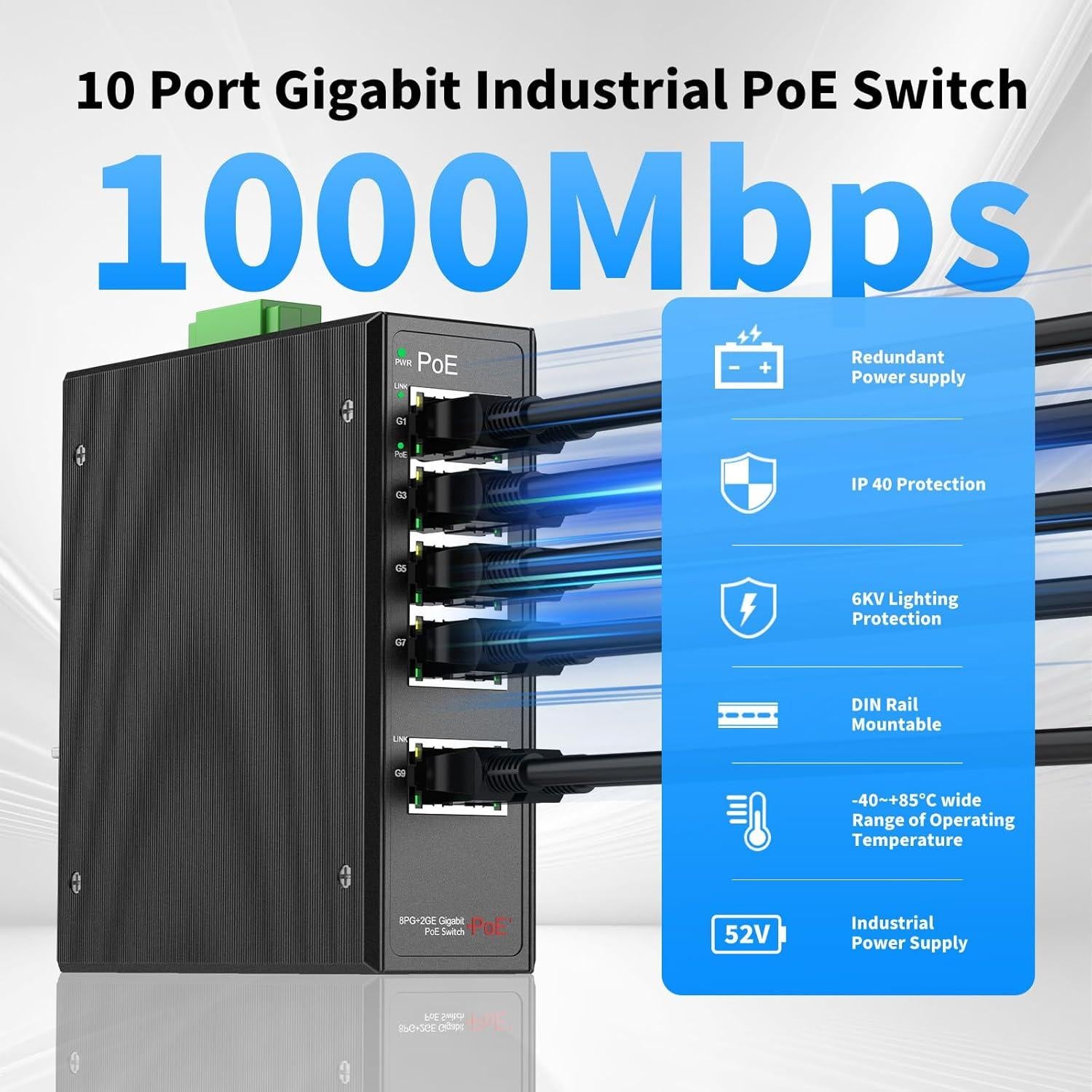 Conmutador POE Industrial 8 Puertos Gigabit Real HD 52V