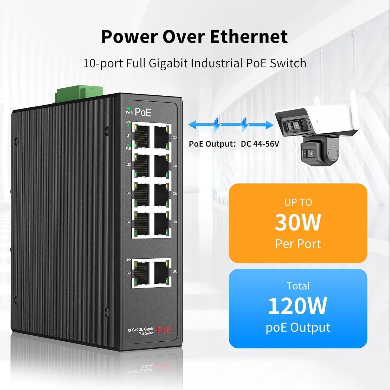 Conmutador POE Industrial 8 Puertos Gigabit Real HD 52V