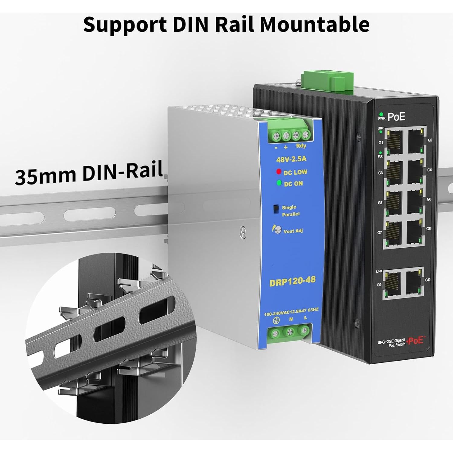 Conmutador POE Industrial 8 Puertos Gigabit Real HD 52V