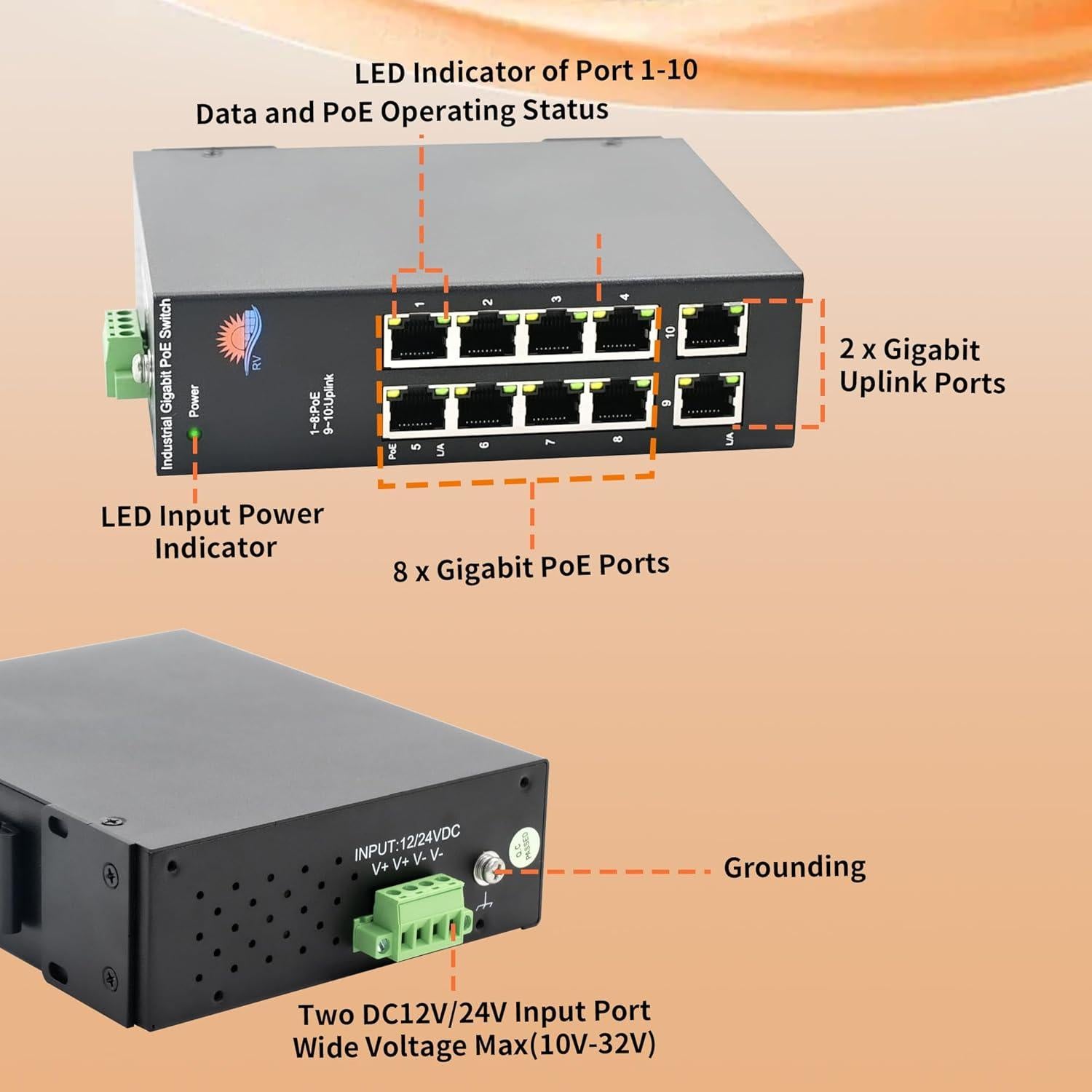 Conmutador PoE Solar Gigabit LIFEPOE 10 Puertos 30W 120W