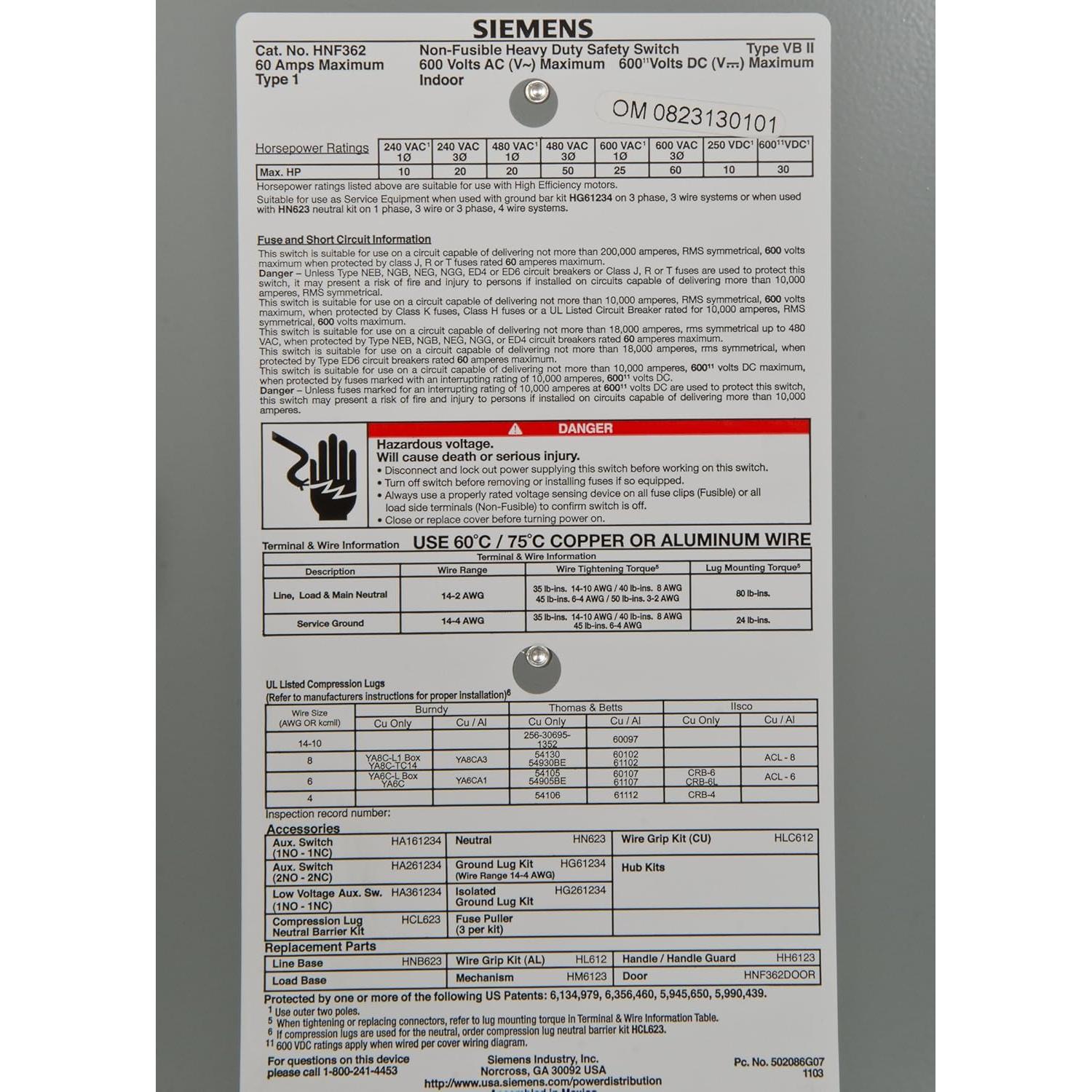 Interruptor de Seguridad Siemens HNF362 60A 3 Polo 600V No Fusible