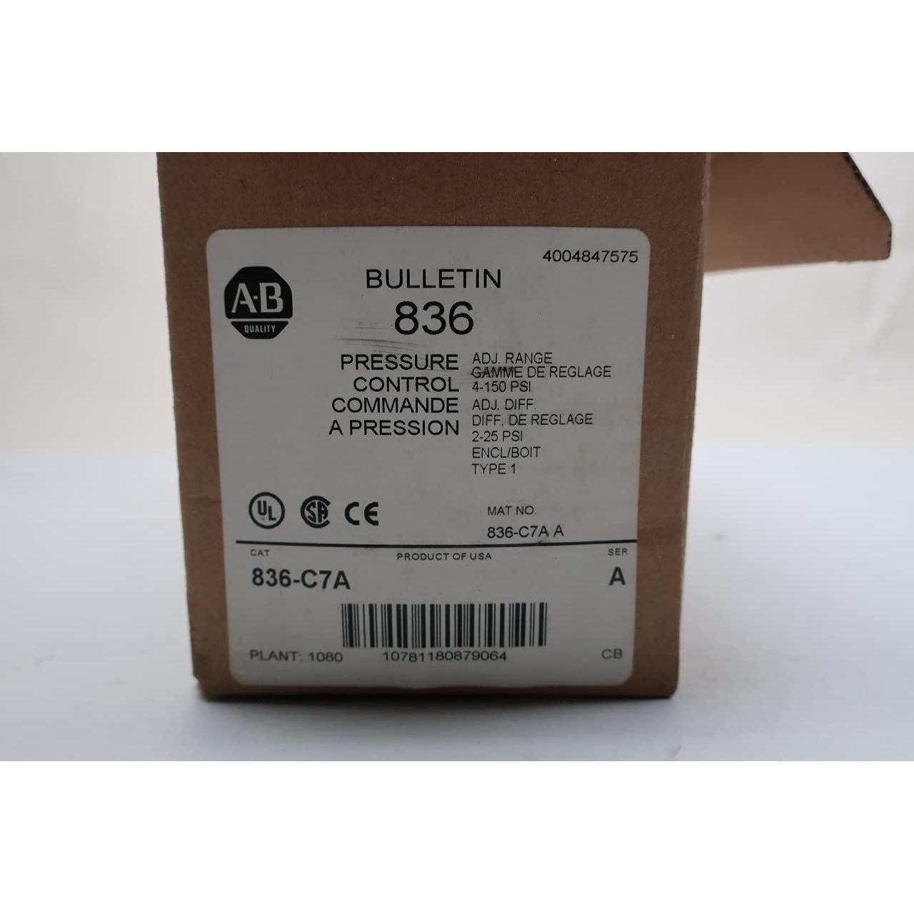 Interruptor de Presión Allen Bradley 836-C7A 1/4 NPT 4-150 PSI