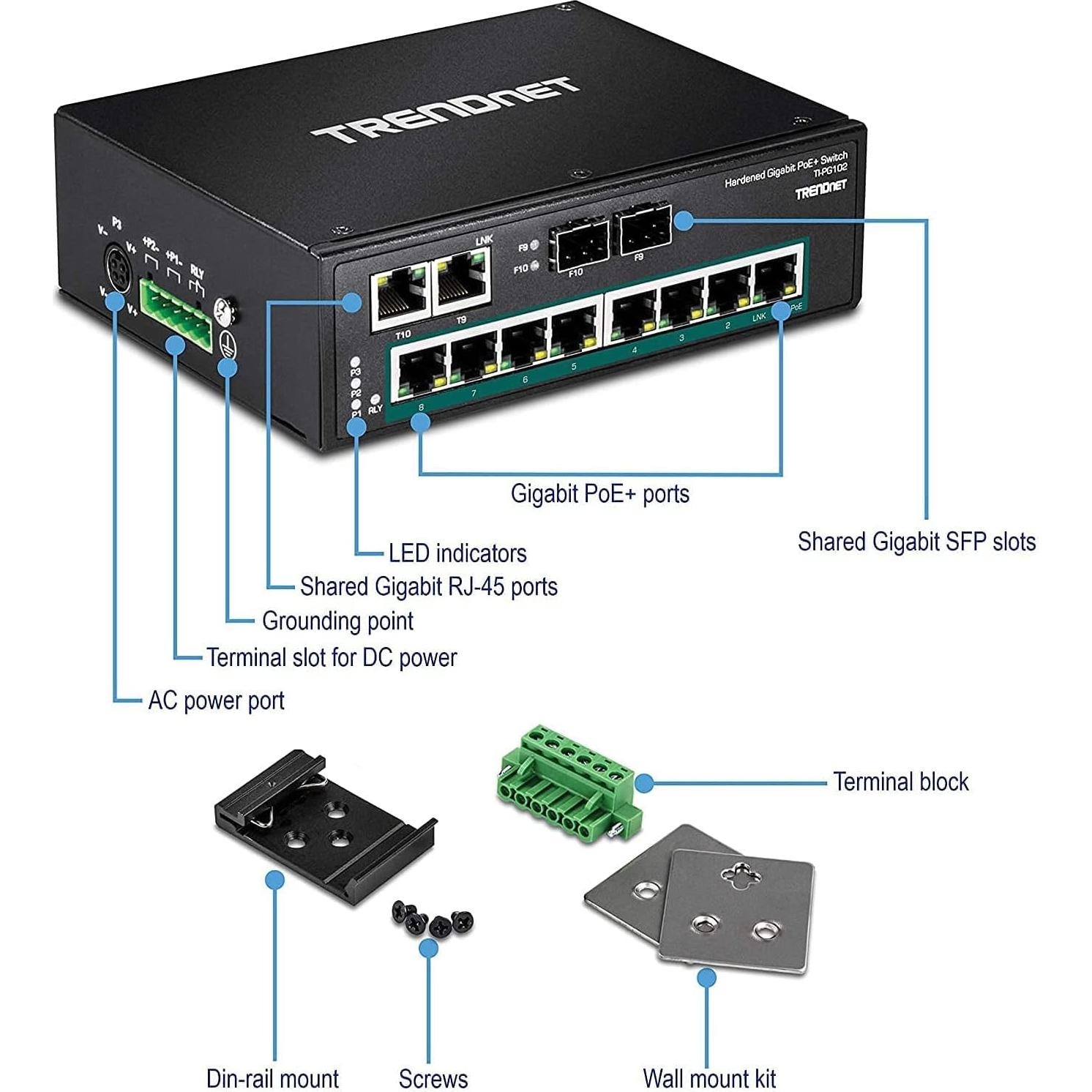 Interruptor DIN-Rail TRENDnet TI-PG102 10 Puertos Gigabit PoE+