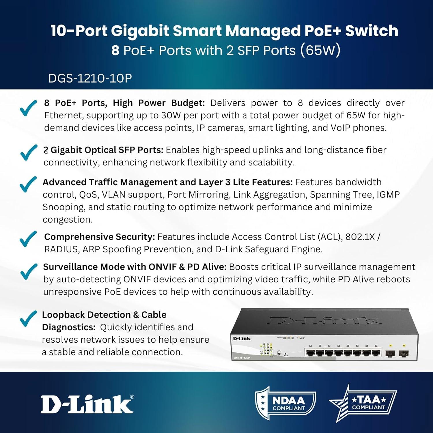 Switch D-Link DGS-1210-10P PoE+ 10 Puertos Gigabit 65W