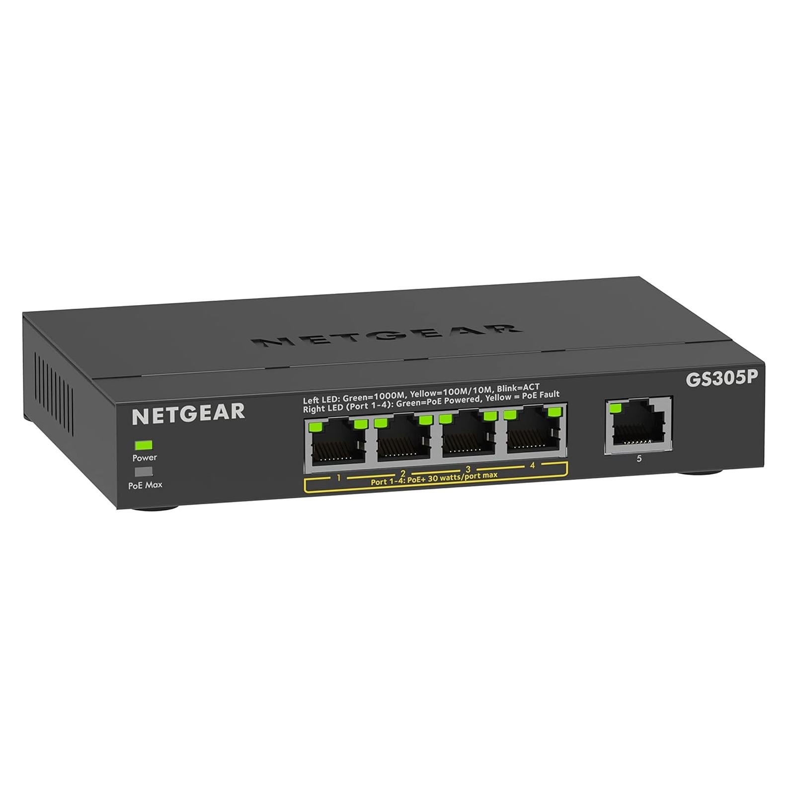 Interruptor Ethernet Gigabit PoE+ NETGEAR GS305P 5 Puertos 63W