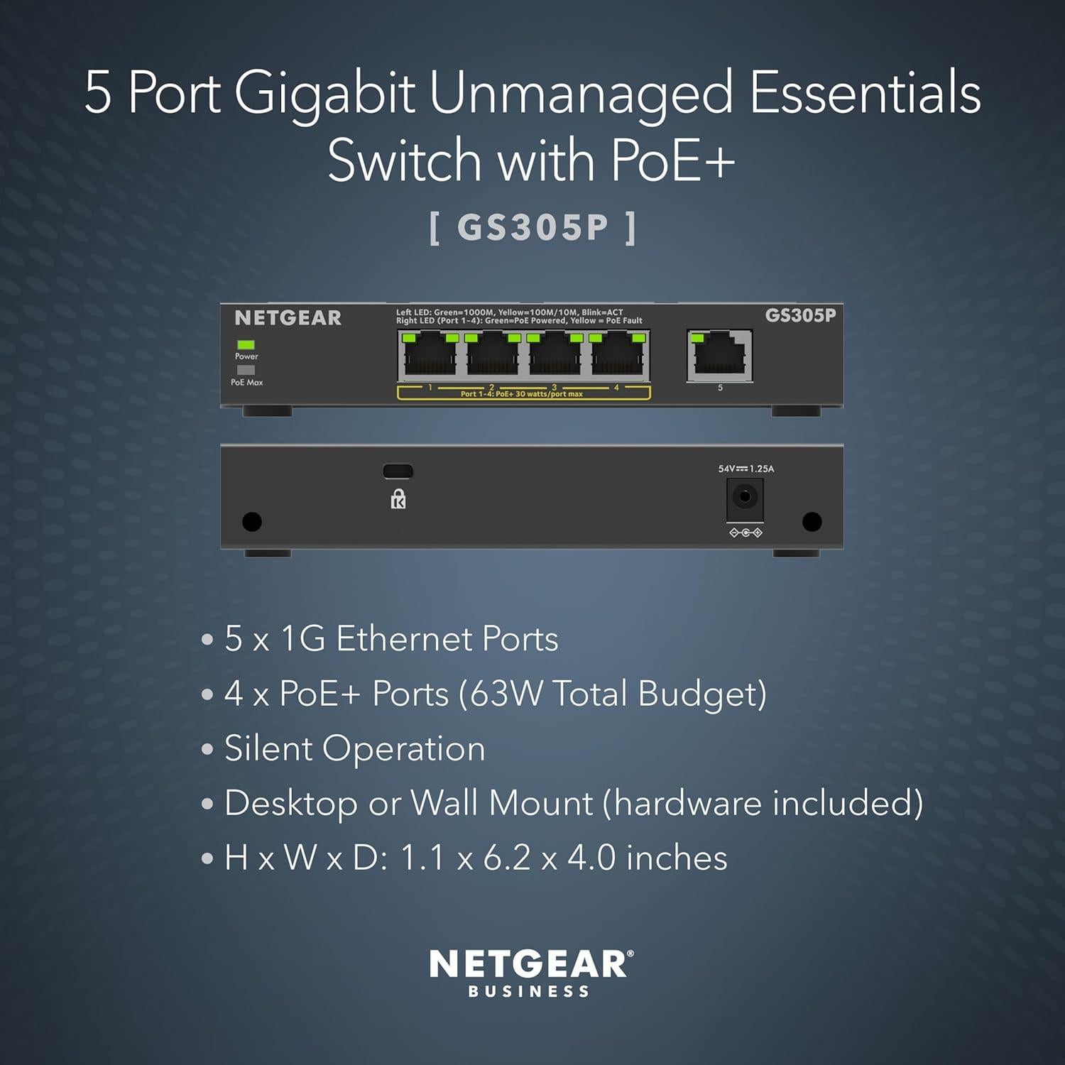 Interruptor Ethernet Gigabit PoE+ NETGEAR GS305P 5 Puertos 63W