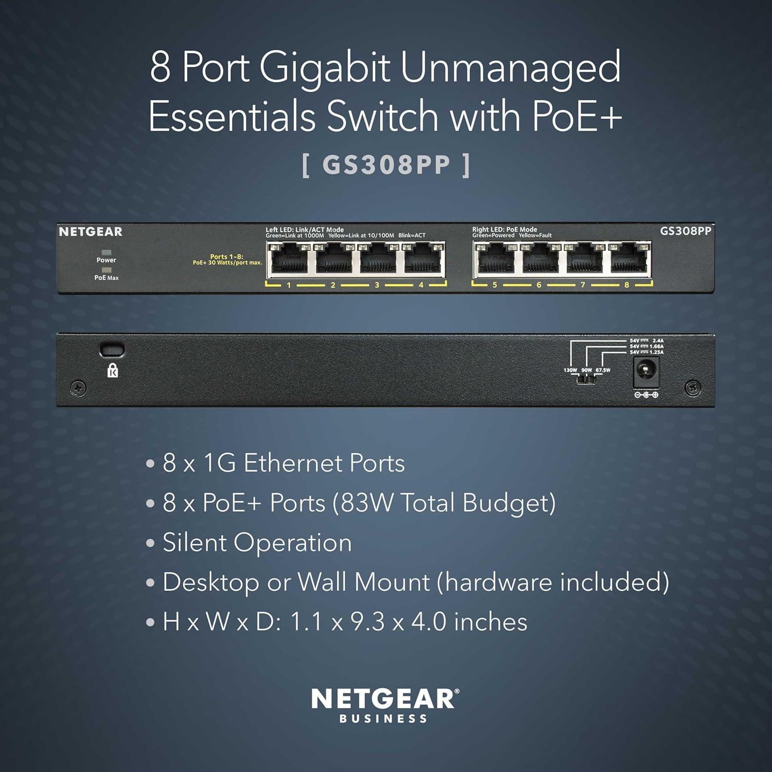 Switch Ethernet Gigabit NETGEAR GS308PP 8 Puertos PoE+ 83W