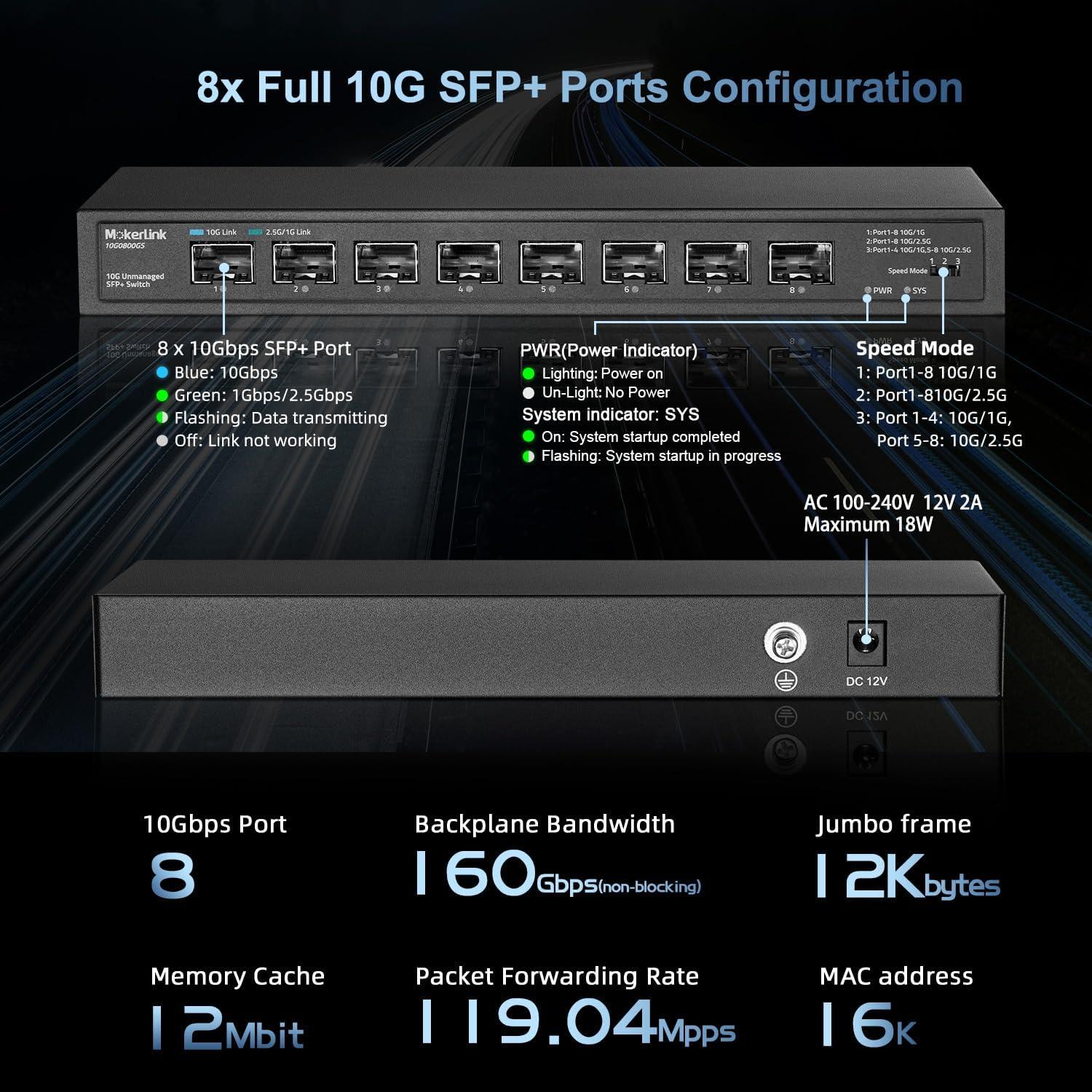 Switch MokerLink SFP+ 8 Puertos 10Gbps Plug and Play