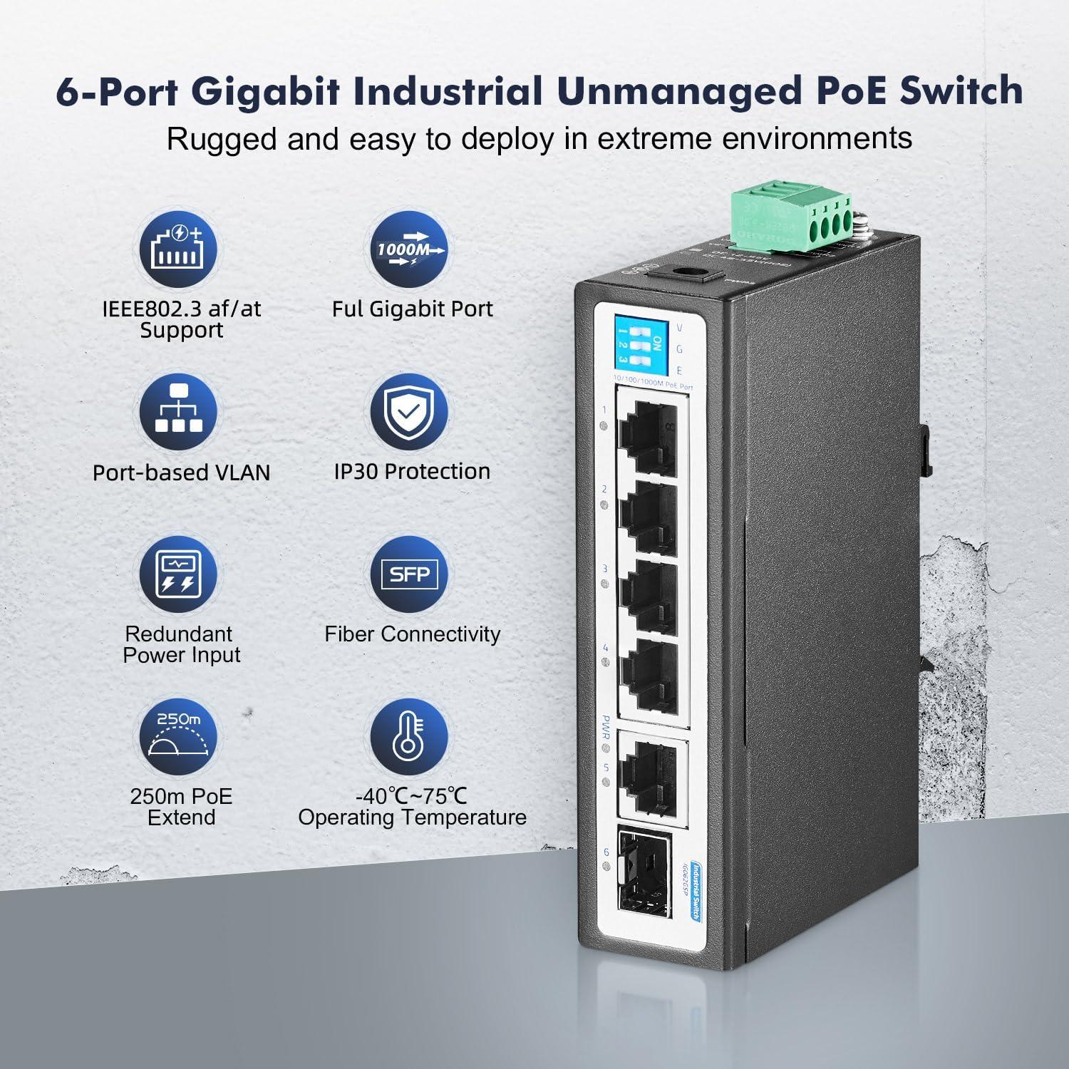 Switch Industrial PoE 6 Puertos YuLinca 1G IP30 -40 a 75°C