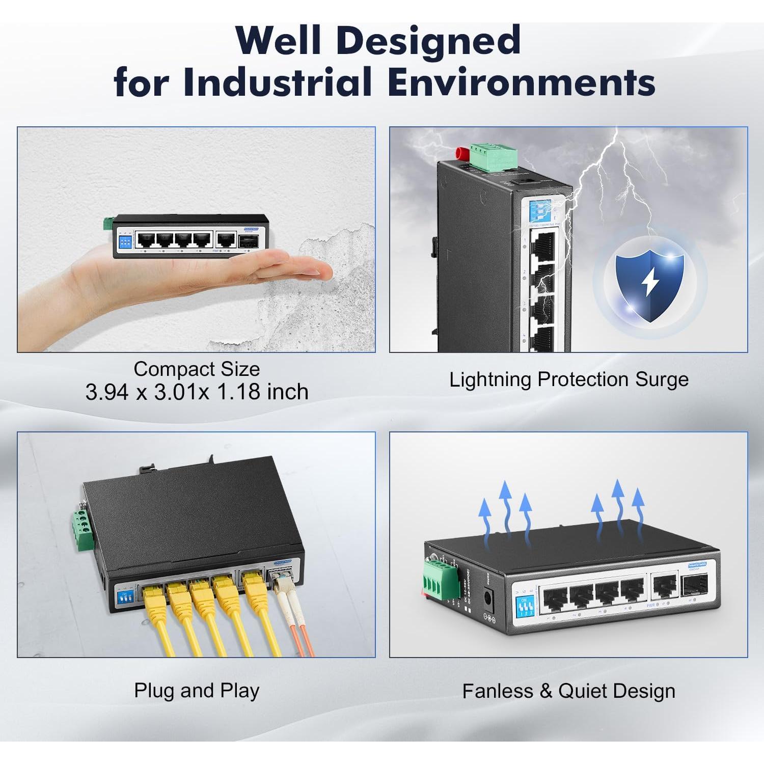 Switch Industrial PoE 6 Puertos YuLinca 1G IP30 -40 a 75°C