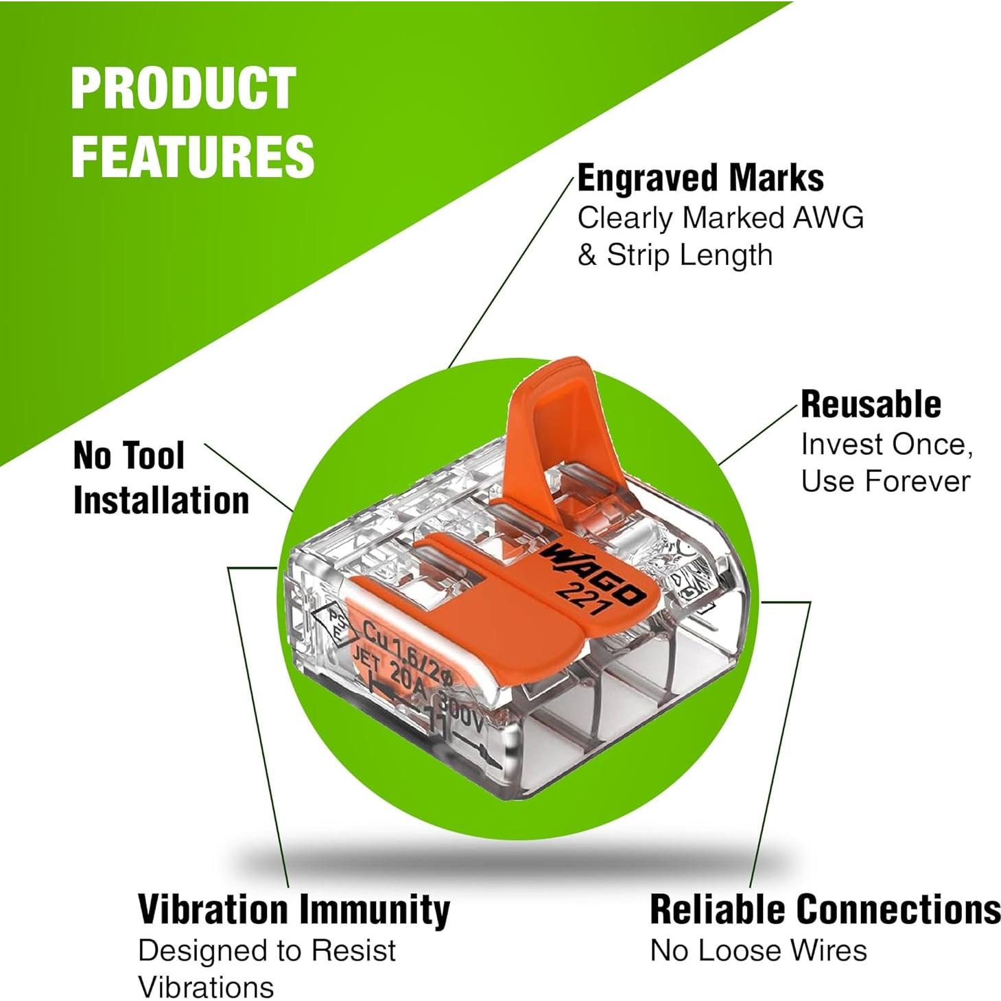 Conectores de Cable WAGO 221 - 50 Piezas, 2-3-5 Puertos
