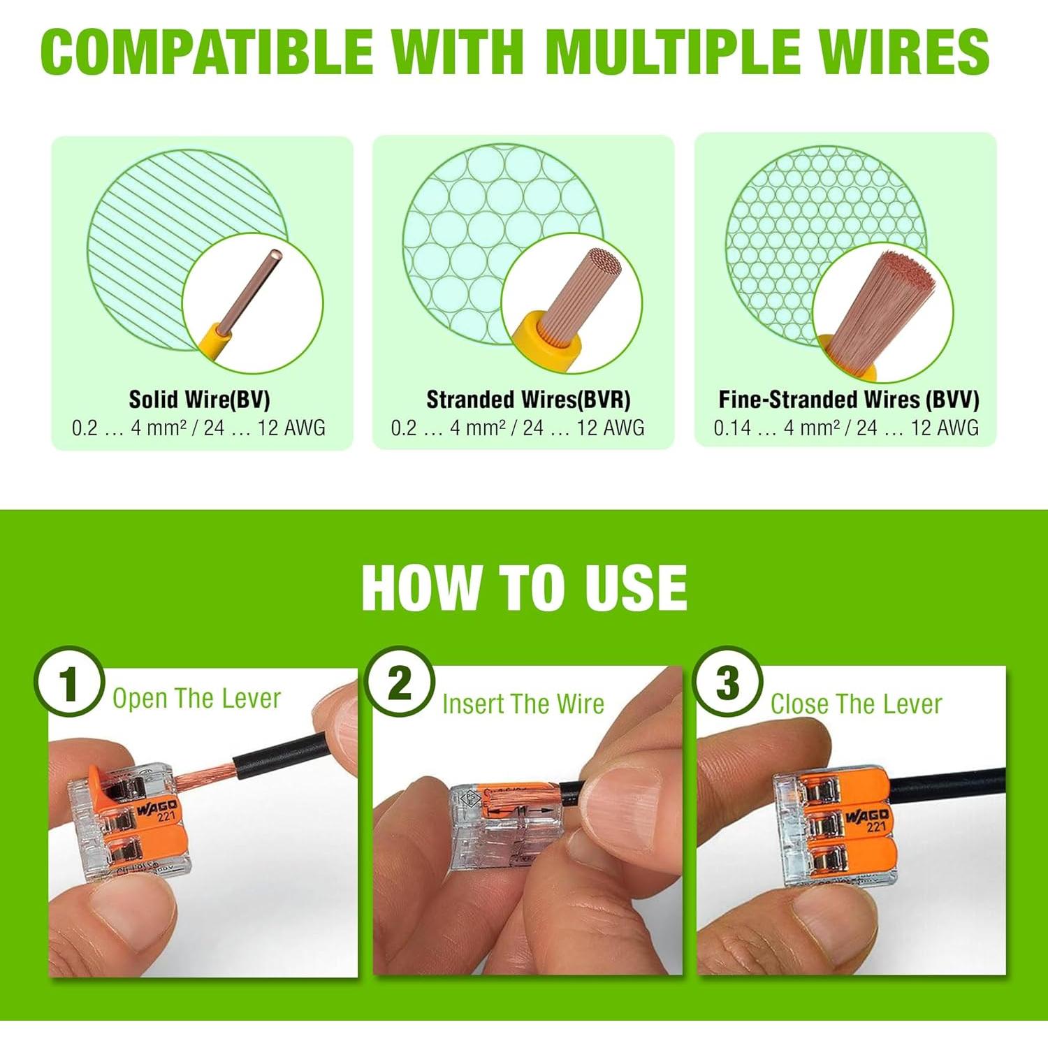 Conectores de Cable WAGO 221 - 50 Piezas, 2-3-5 Puertos