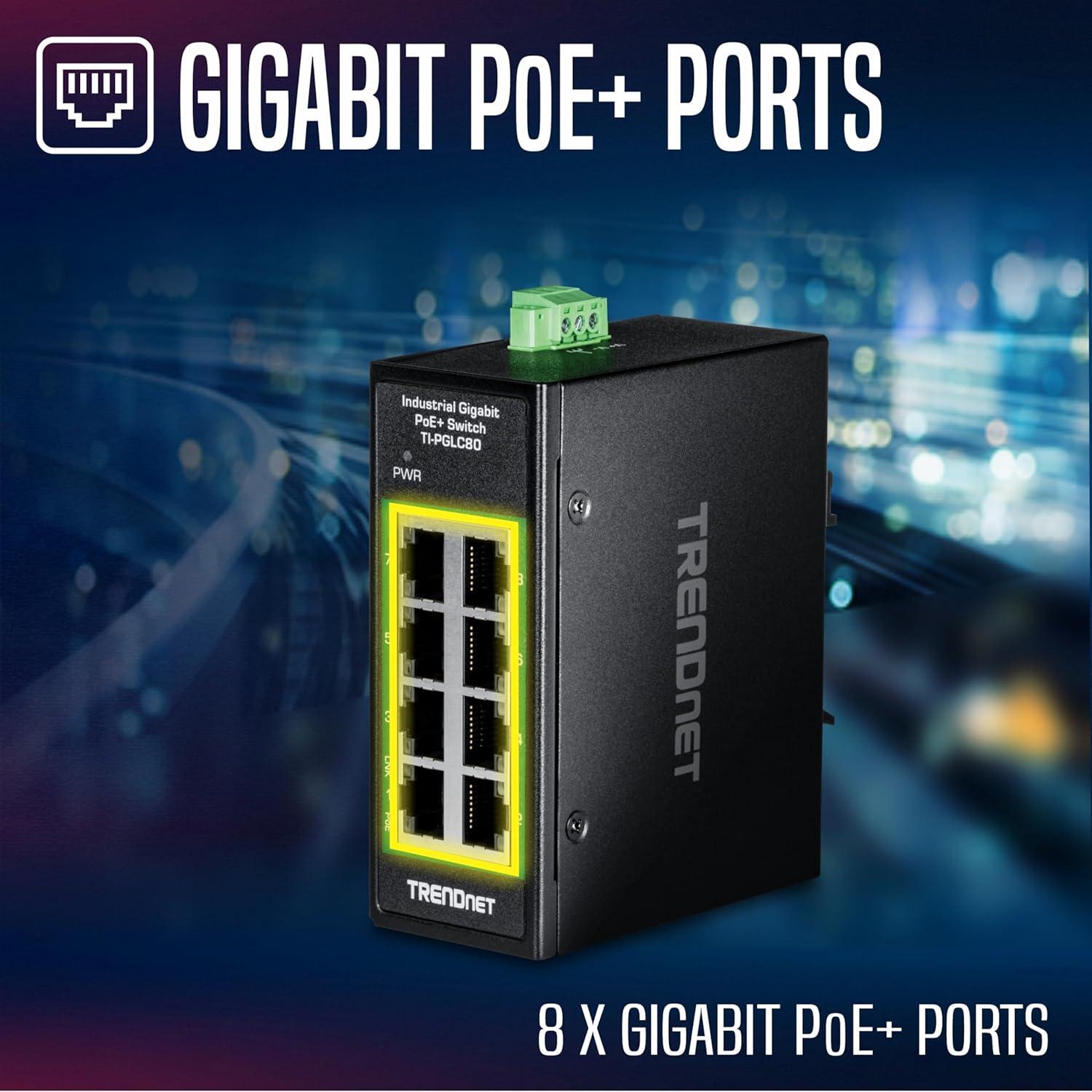Interruptor Industrial Gigabit PoE+ TRENDnet TI-PGLC80 8 Puertos