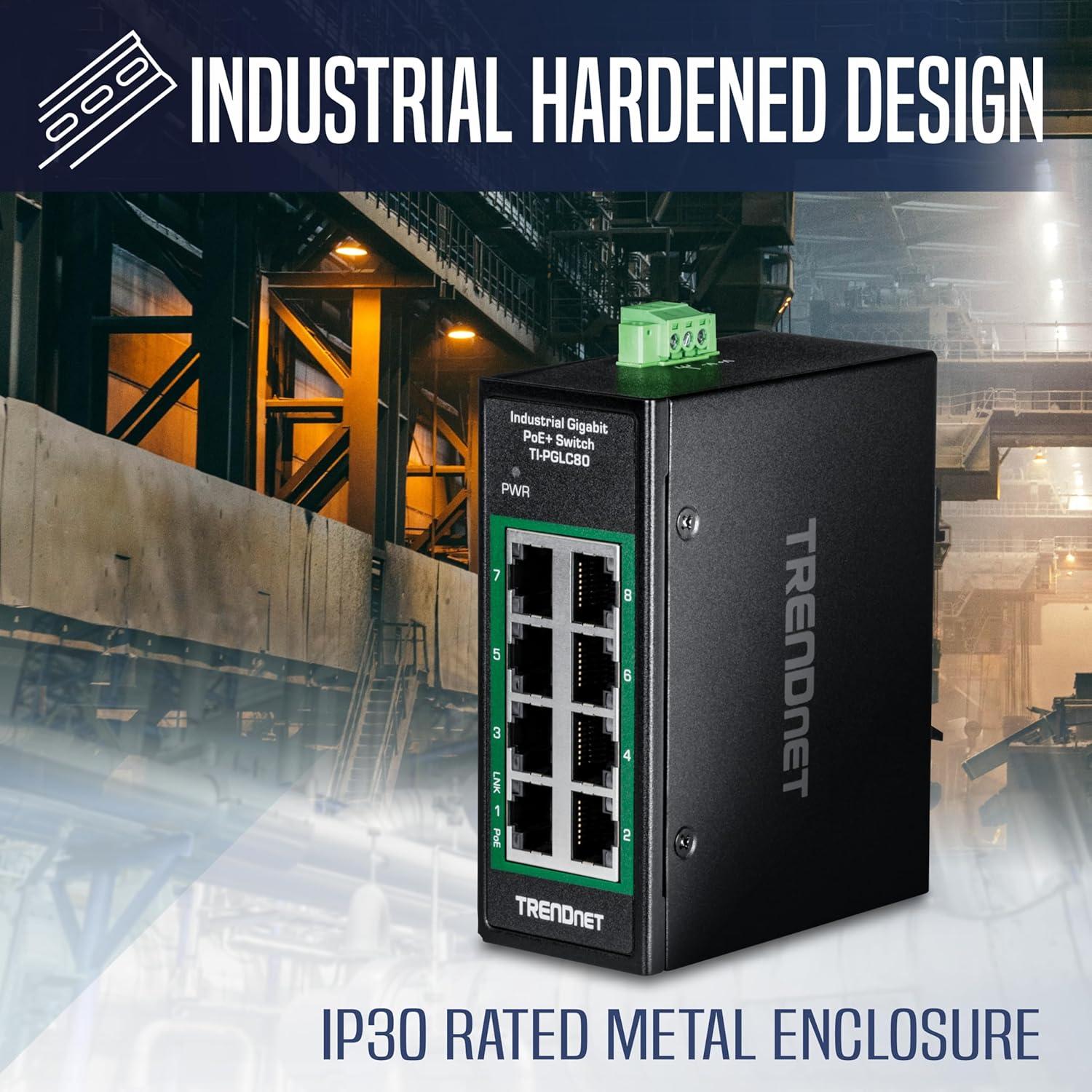 Interruptor Industrial Gigabit PoE+ TRENDnet TI-PGLC80 8 Puertos