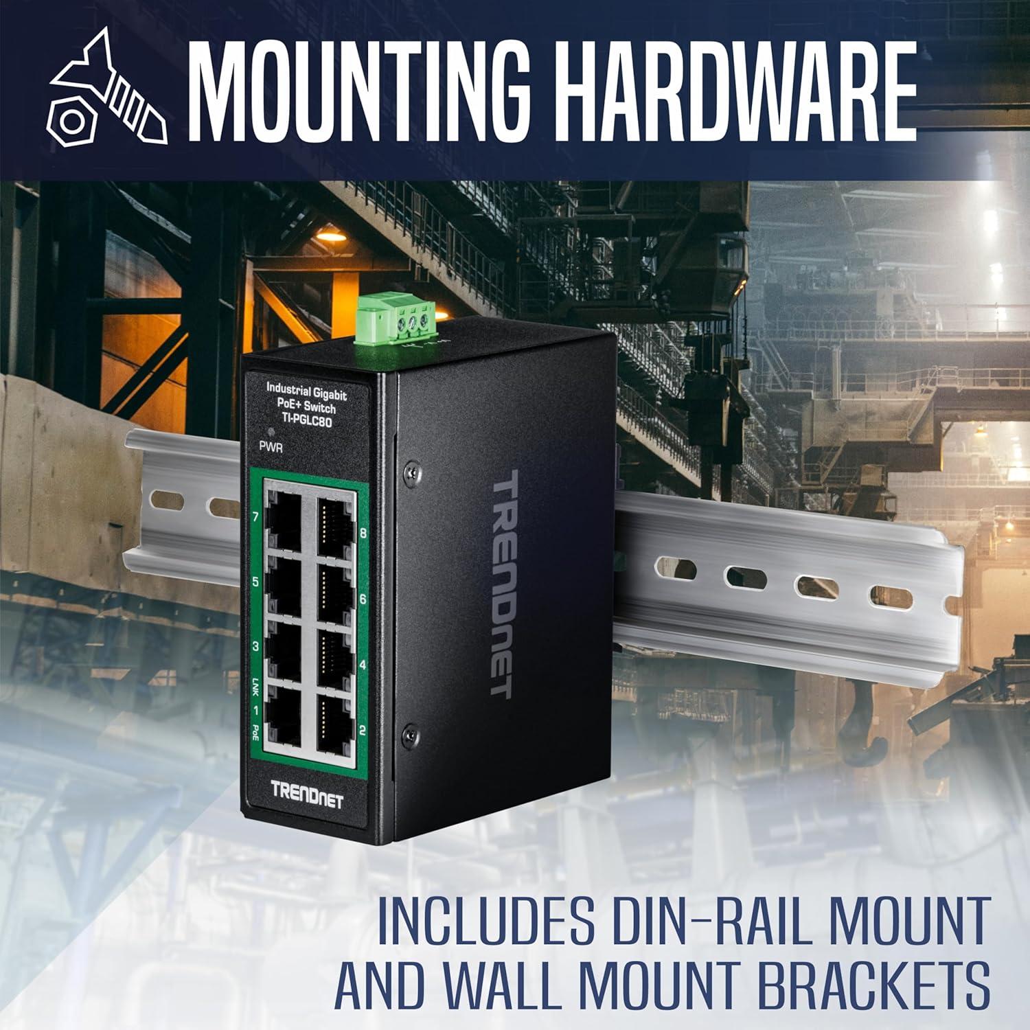 Interruptor Industrial Gigabit PoE+ TRENDnet TI-PGLC80 8 Puertos