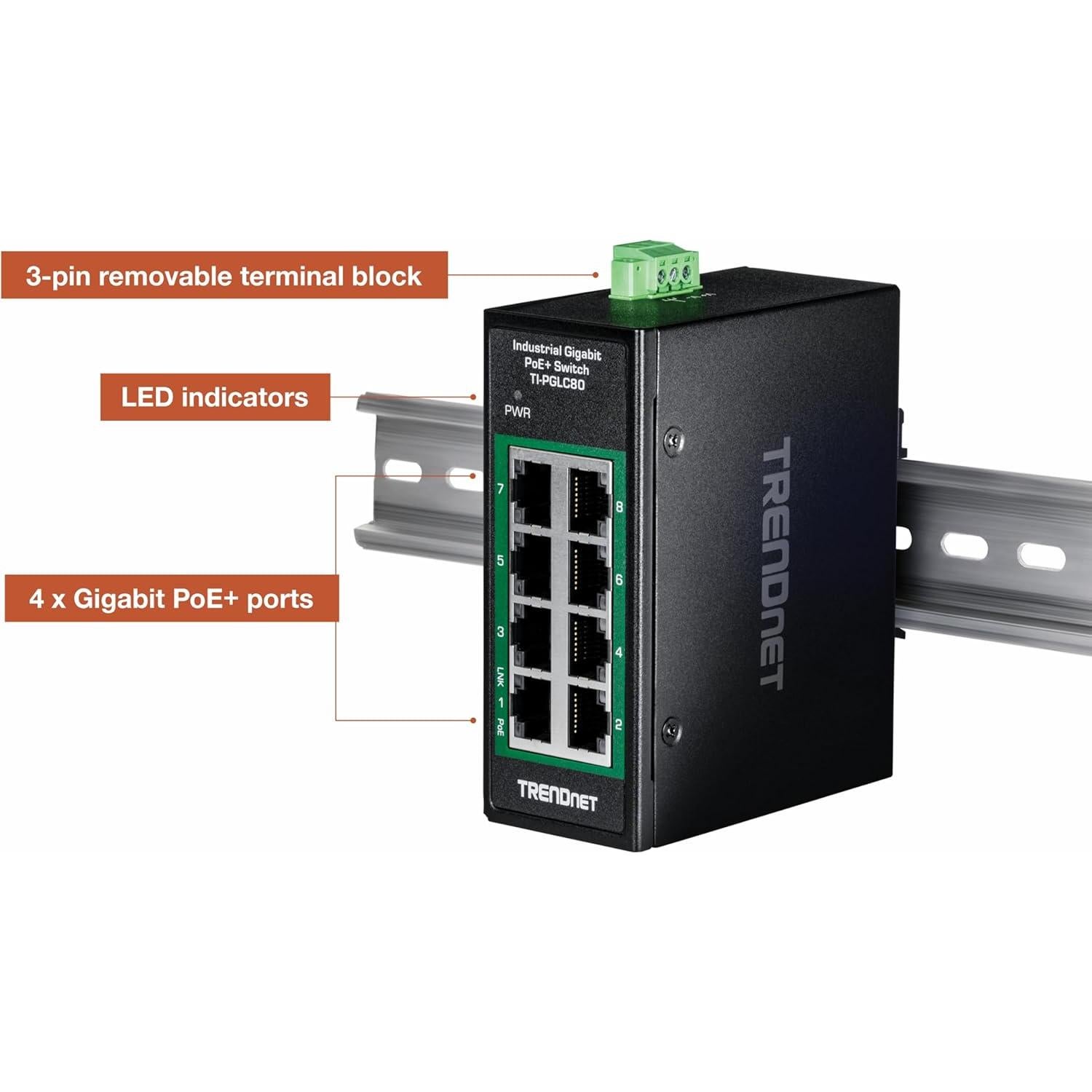 Interruptor Industrial Gigabit PoE+ TRENDnet TI-PGLC80 8 Puertos