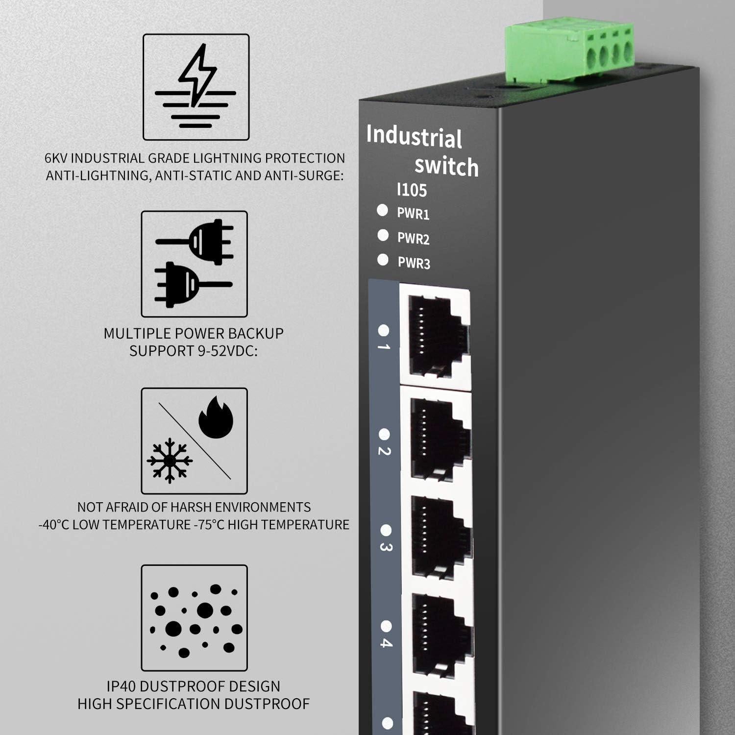Interruptor Ethernet Industrial STEAMEMO I105 5 Puertos 100Mbps