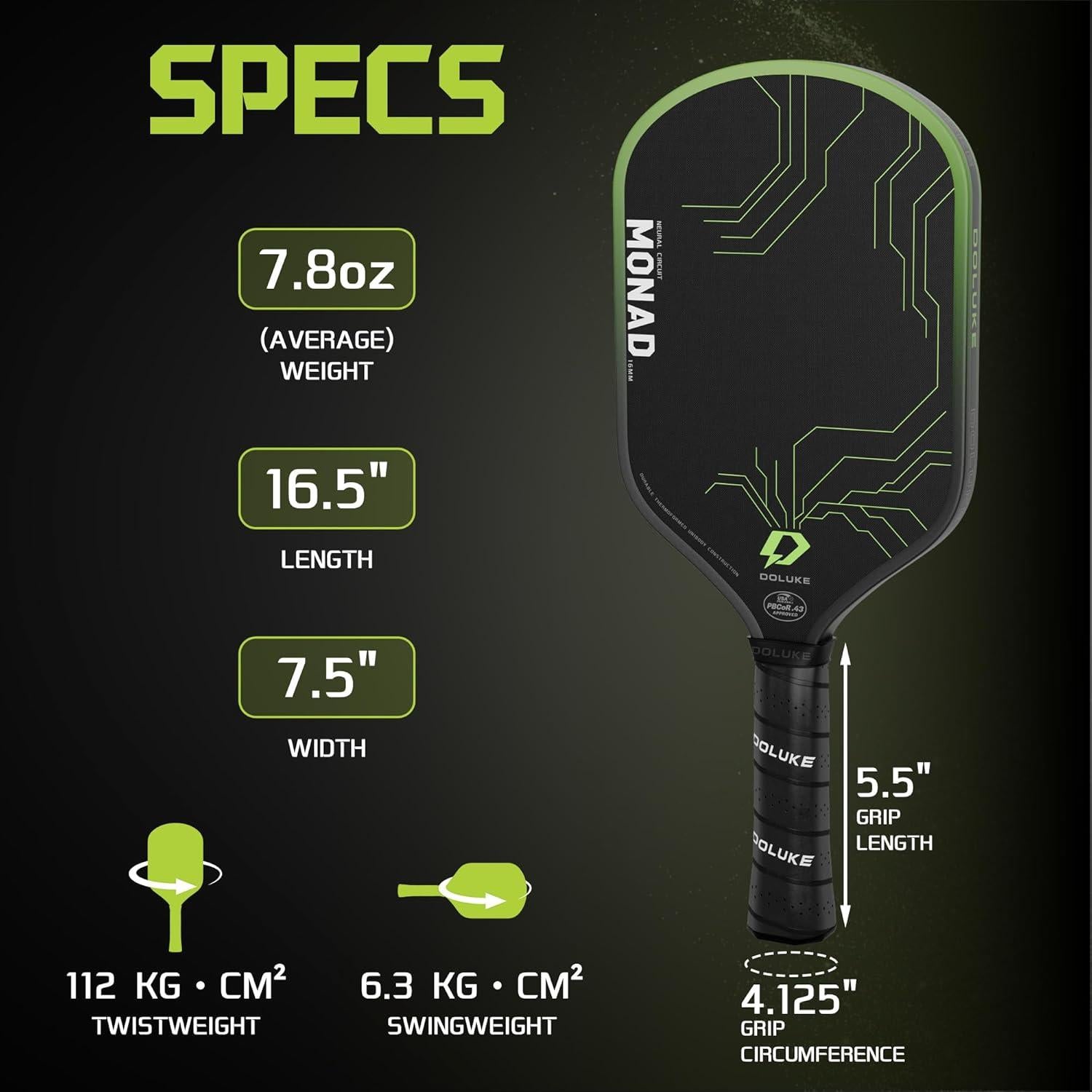 Pala de Pickleball Doluke MONAD Fibra de Carbono 16mm