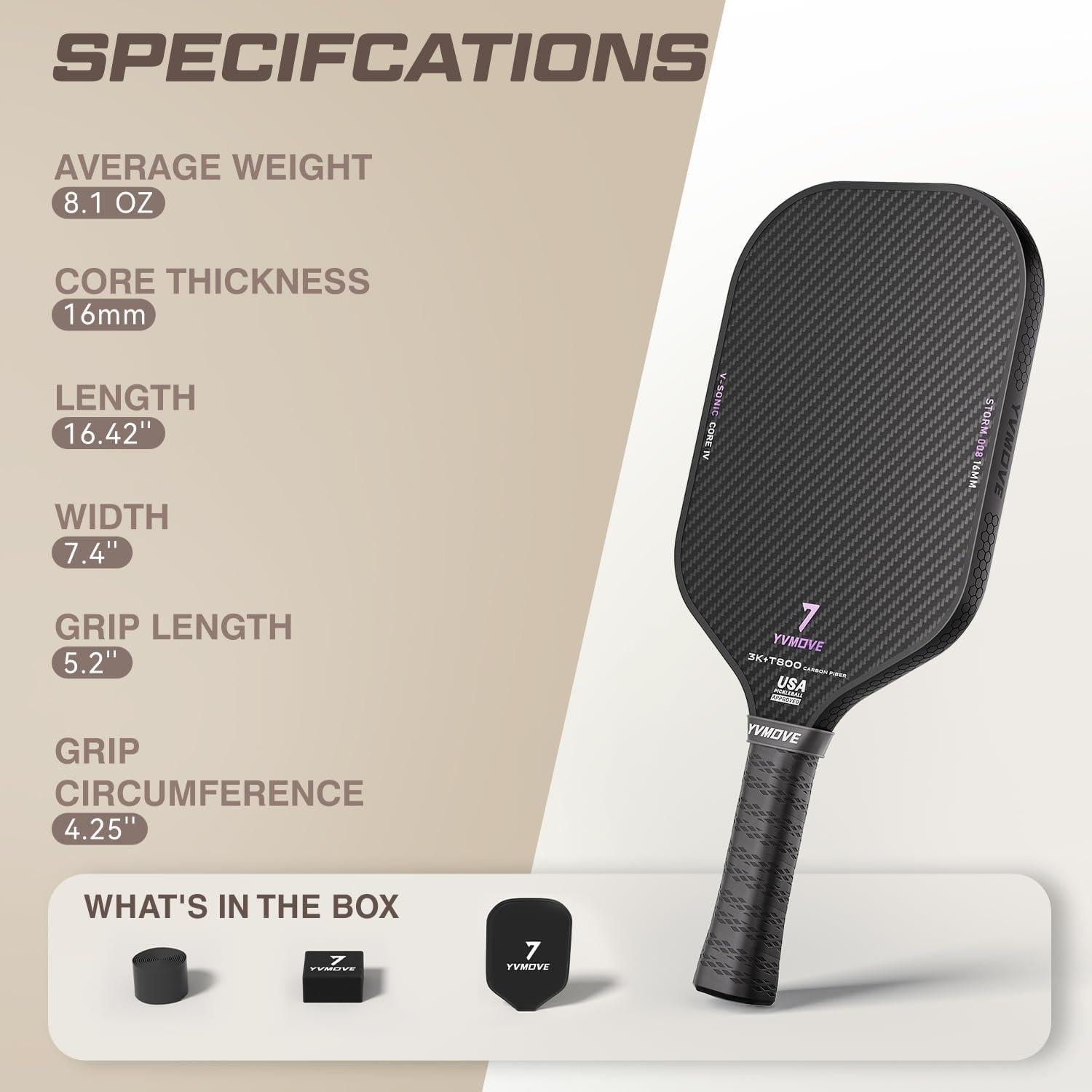Pala de Pickleball YVmove STORM 008 Fibra de Carbono 16mm