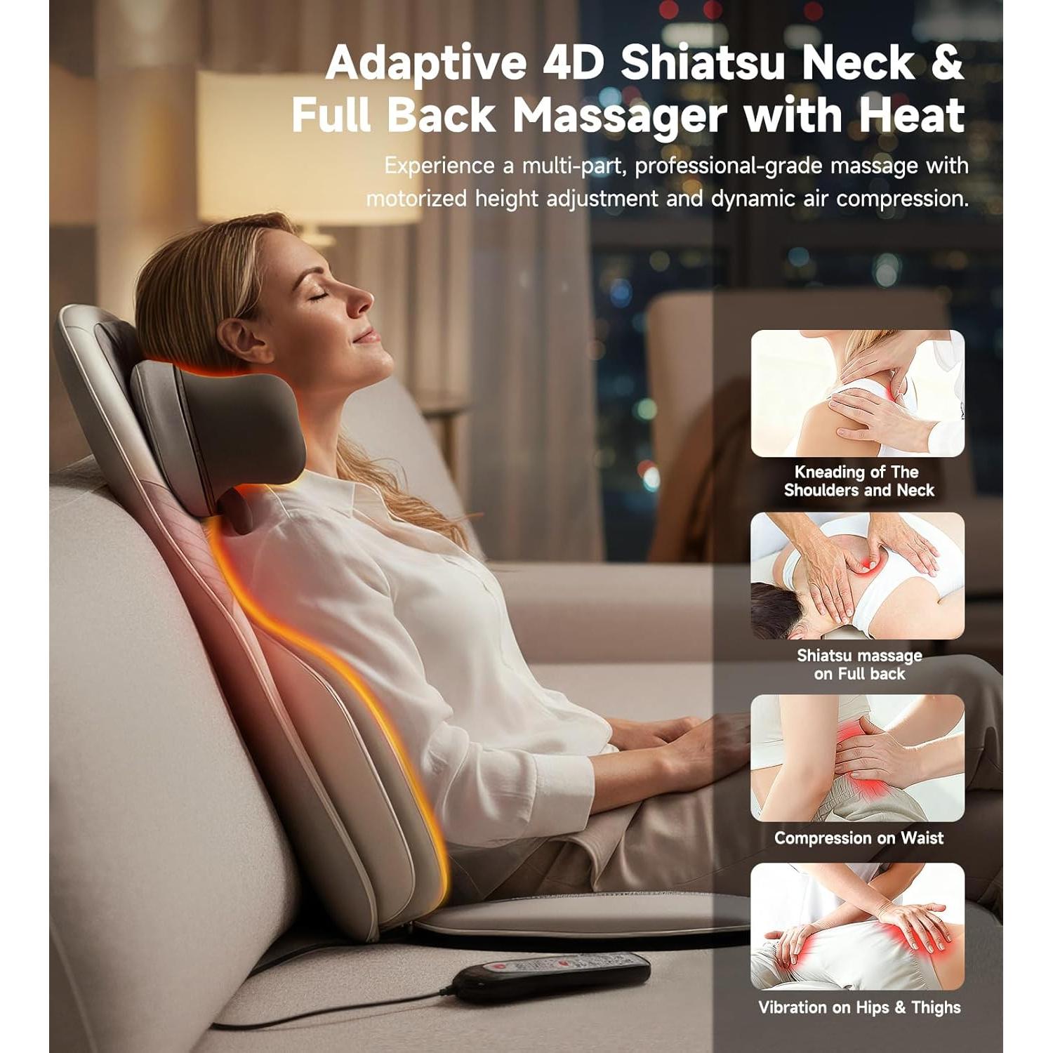 Almohadilla de Masaje Shiatsu Elite con Calor - 4D, Vibración, Compresión
