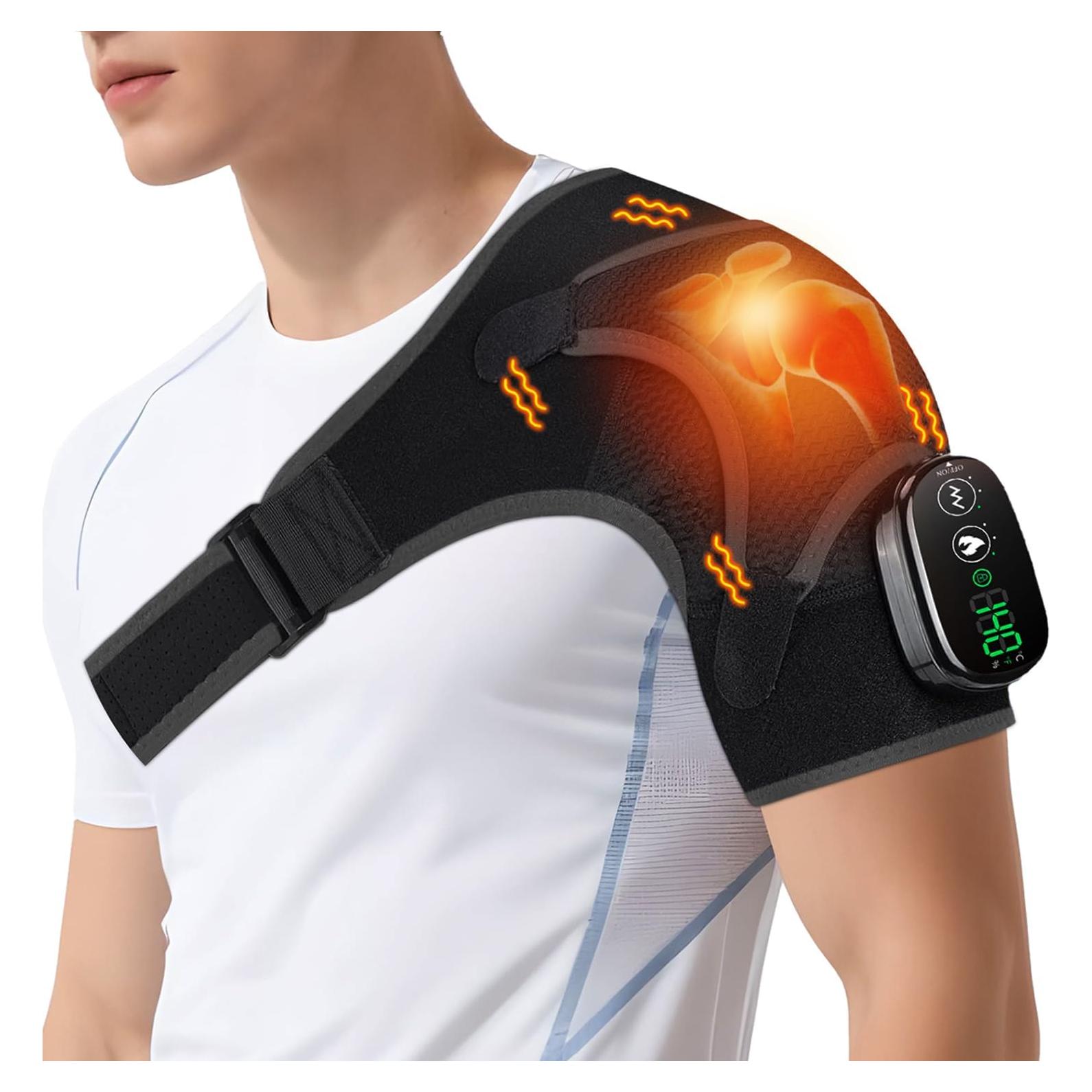 Shoulder Heating Pad Massager, Cordless Heated Shoulder Wrap with Massage, Heated Shoulder Brace for Pain Relief, 3 Heat Vibration Levels Shoulders Support for Men Women