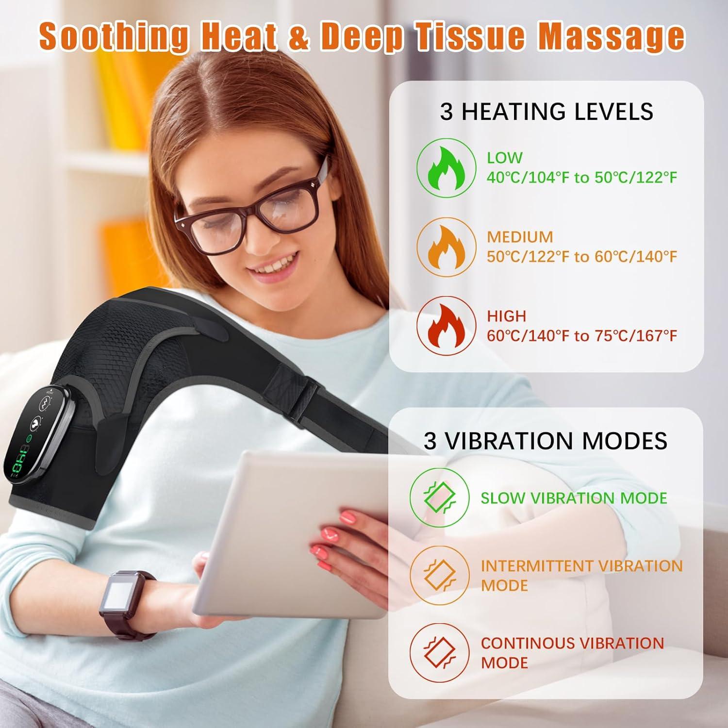 Shoulder Heating Pad Massager, Cordless Heated Shoulder Wrap with Massage, Heated Shoulder Brace for Pain Relief, 3 Heat Vibration Levels Shoulders Support for Men Women