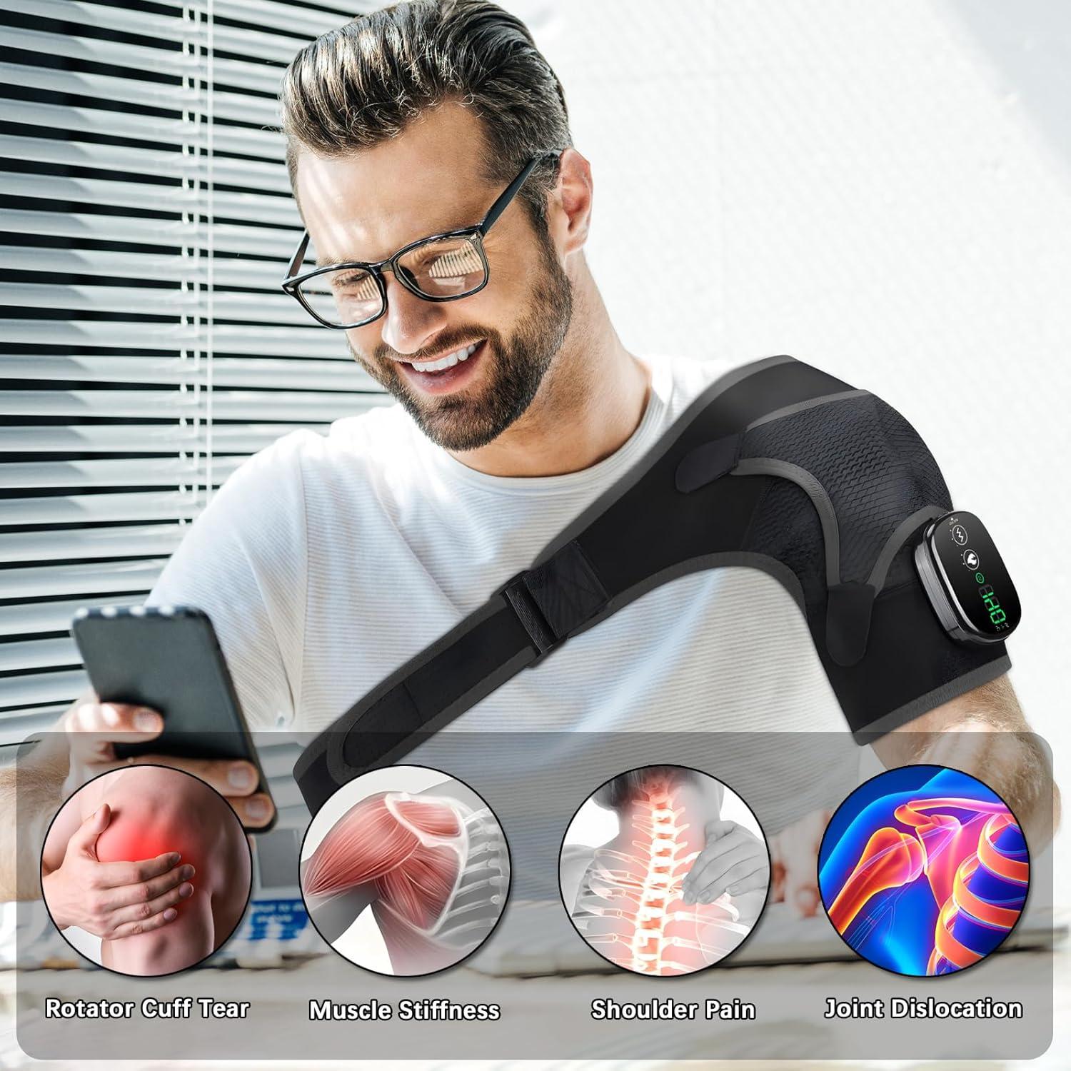 Shoulder Heating Pad Massager, Cordless Heated Shoulder Wrap with Massage, Heated Shoulder Brace for Pain Relief, 3 Heat Vibration Levels Shoulders Support for Men Women