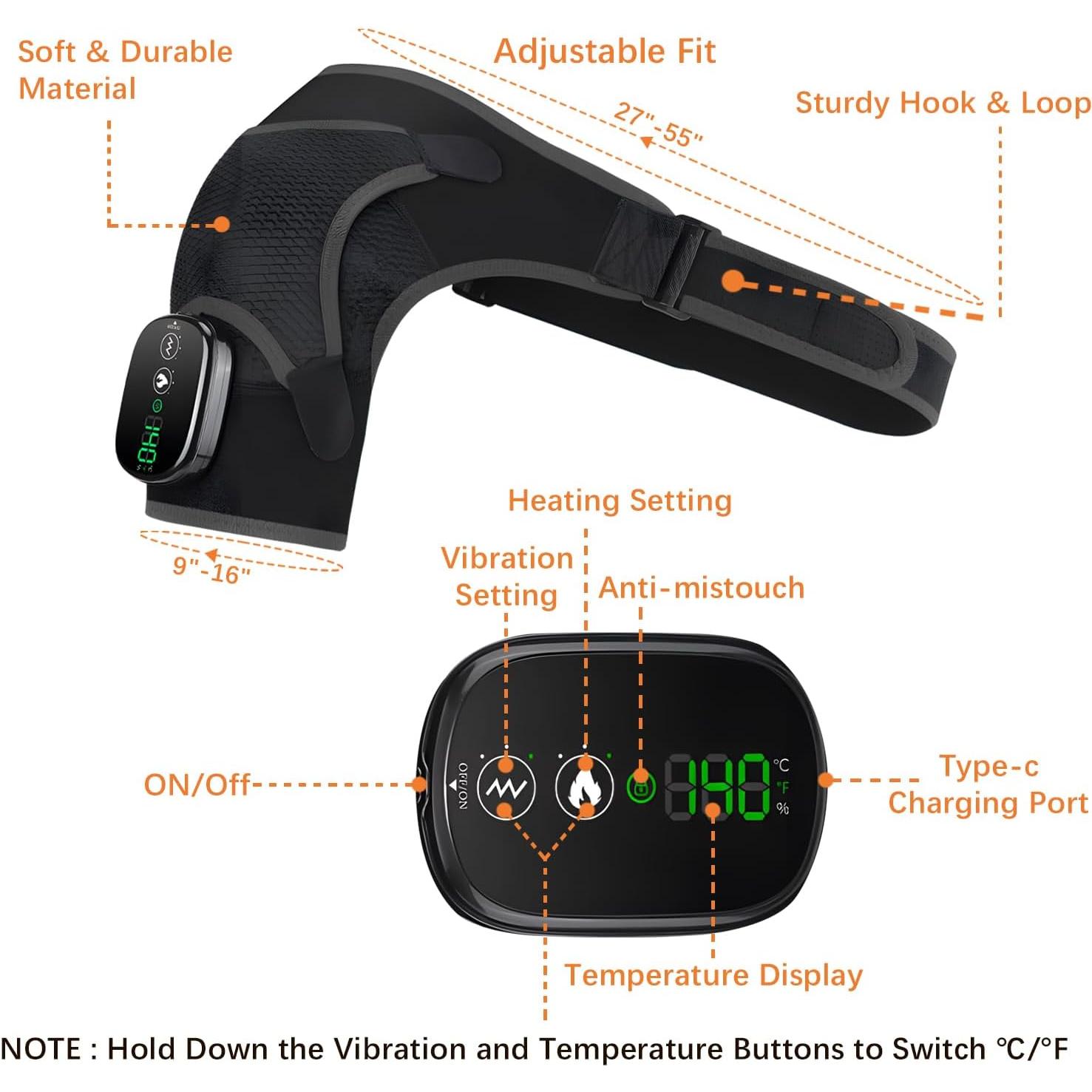 Shoulder Heating Pad Massager, Cordless Heated Shoulder Wrap with Massage, Heated Shoulder Brace for Pain Relief, 3 Heat Vibration Levels Shoulders Support for Men Women