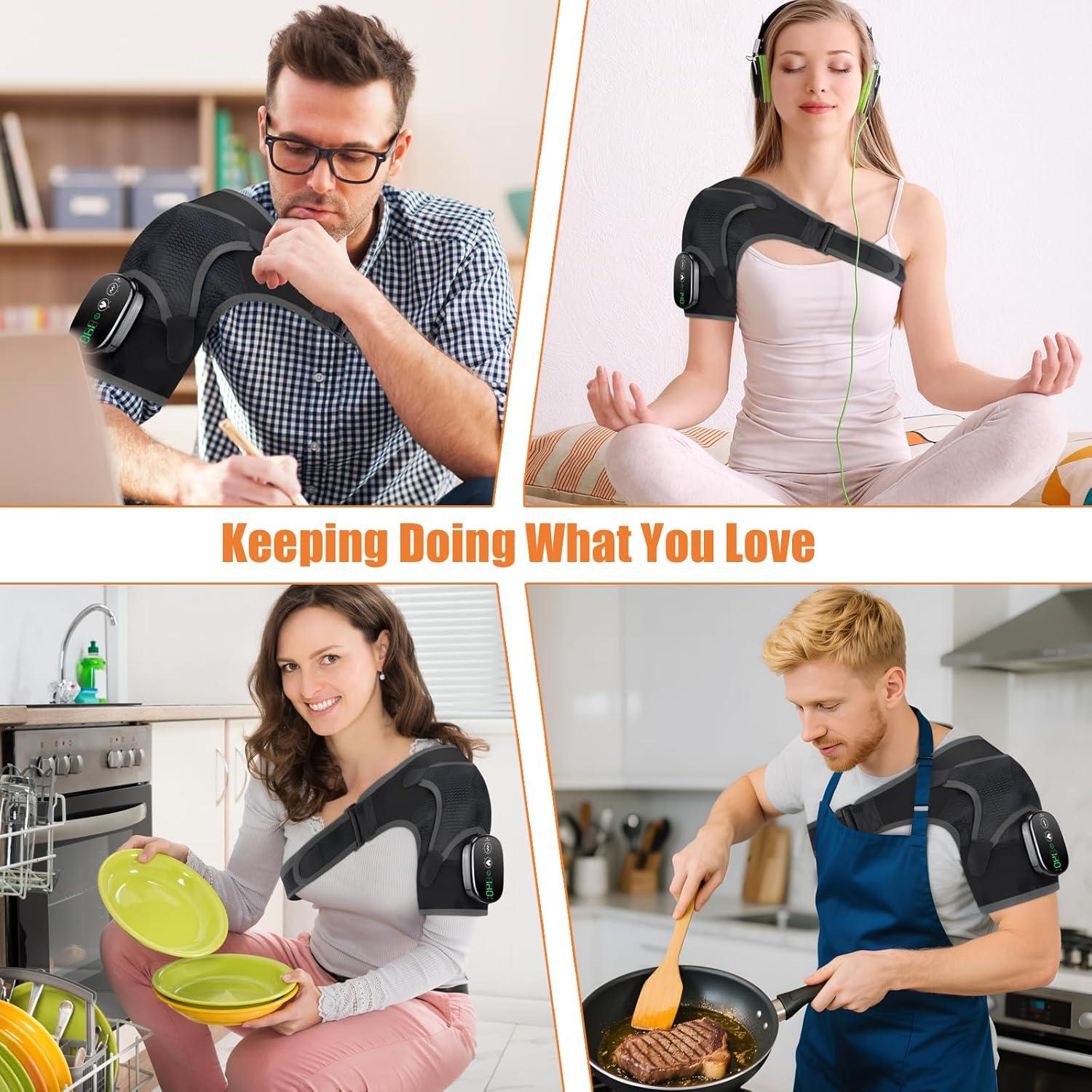 Shoulder Heating Pad Massager, Cordless Heated Shoulder Wrap with Massage, Heated Shoulder Brace for Pain Relief, 3 Heat Vibration Levels Shoulders Support for Men Women