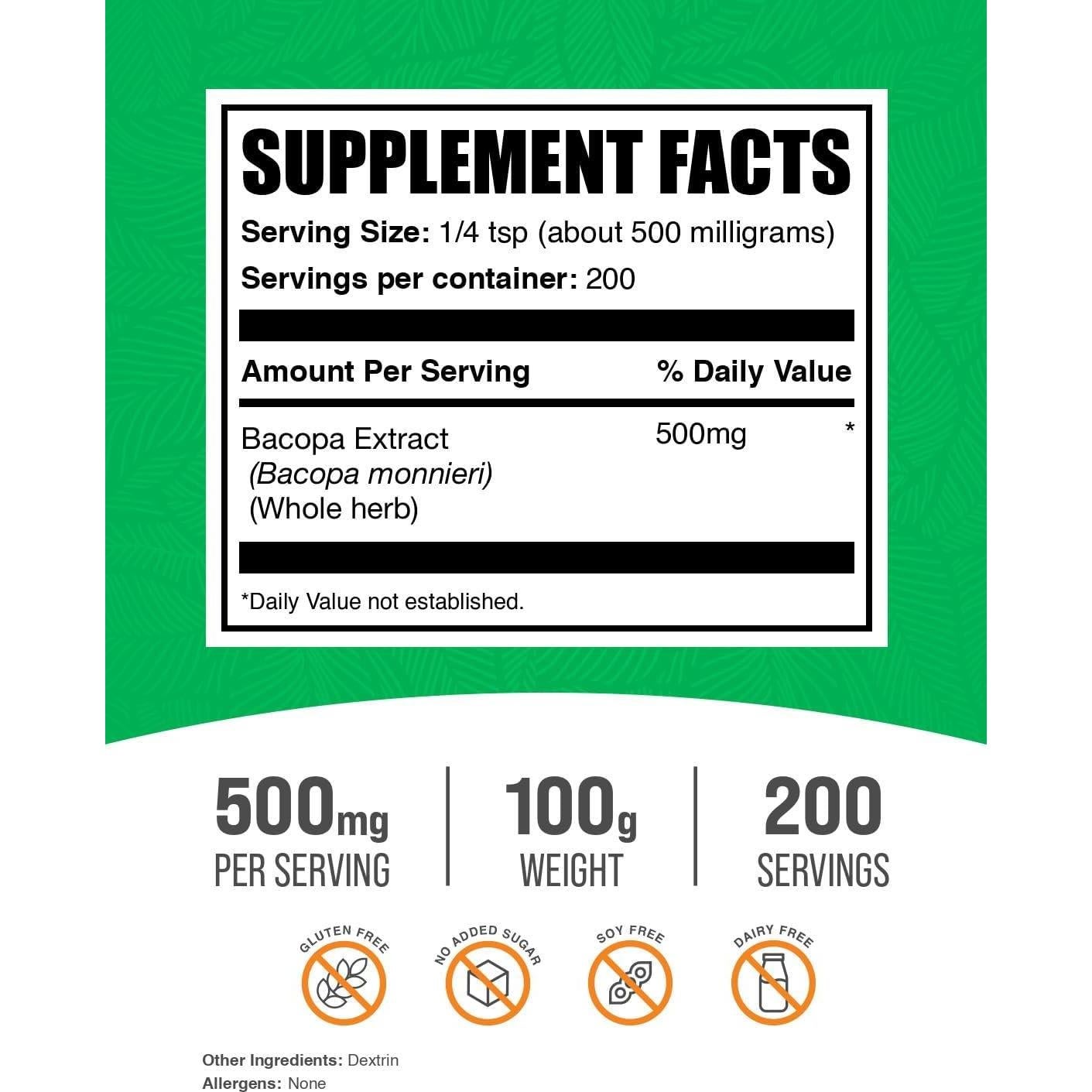Polvo de Extracto de Bacopa Monnieri BulkSupplements 100g Vegano
