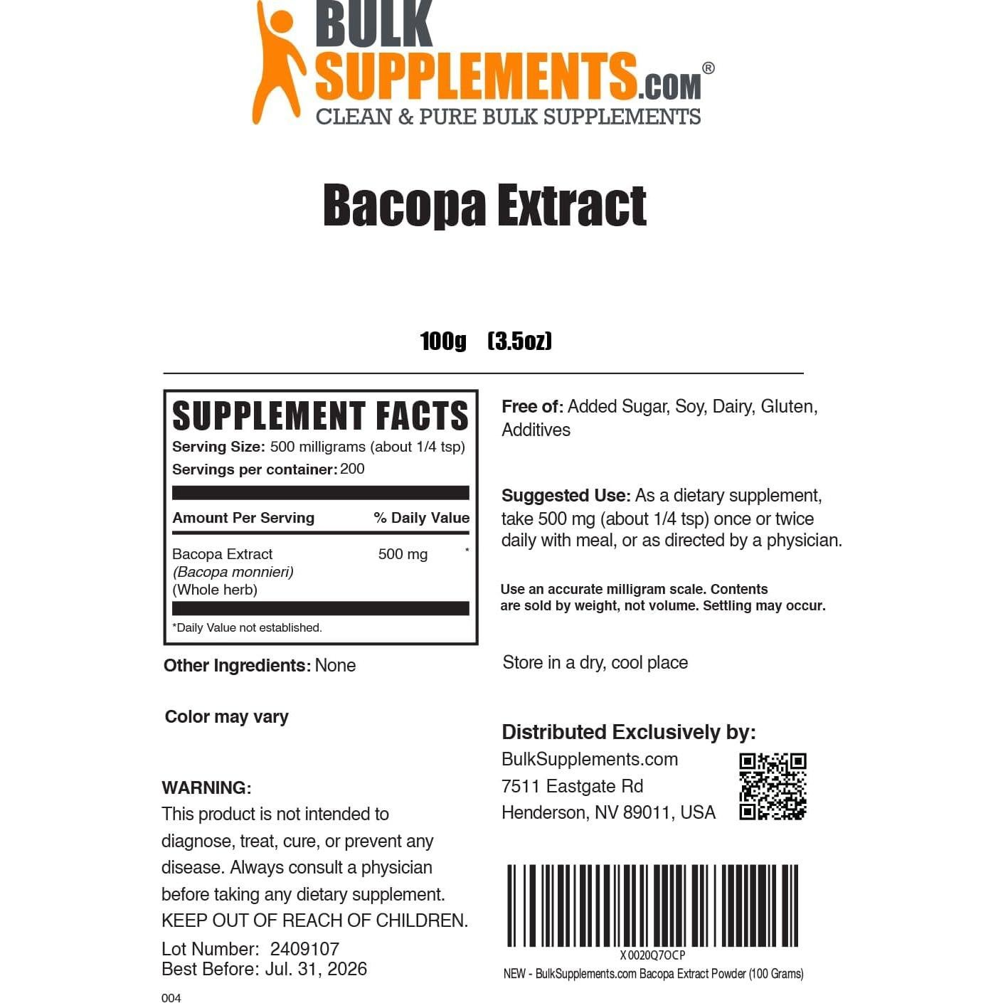 Polvo de Extracto de Bacopa Monnieri BulkSupplements 100g Vegano