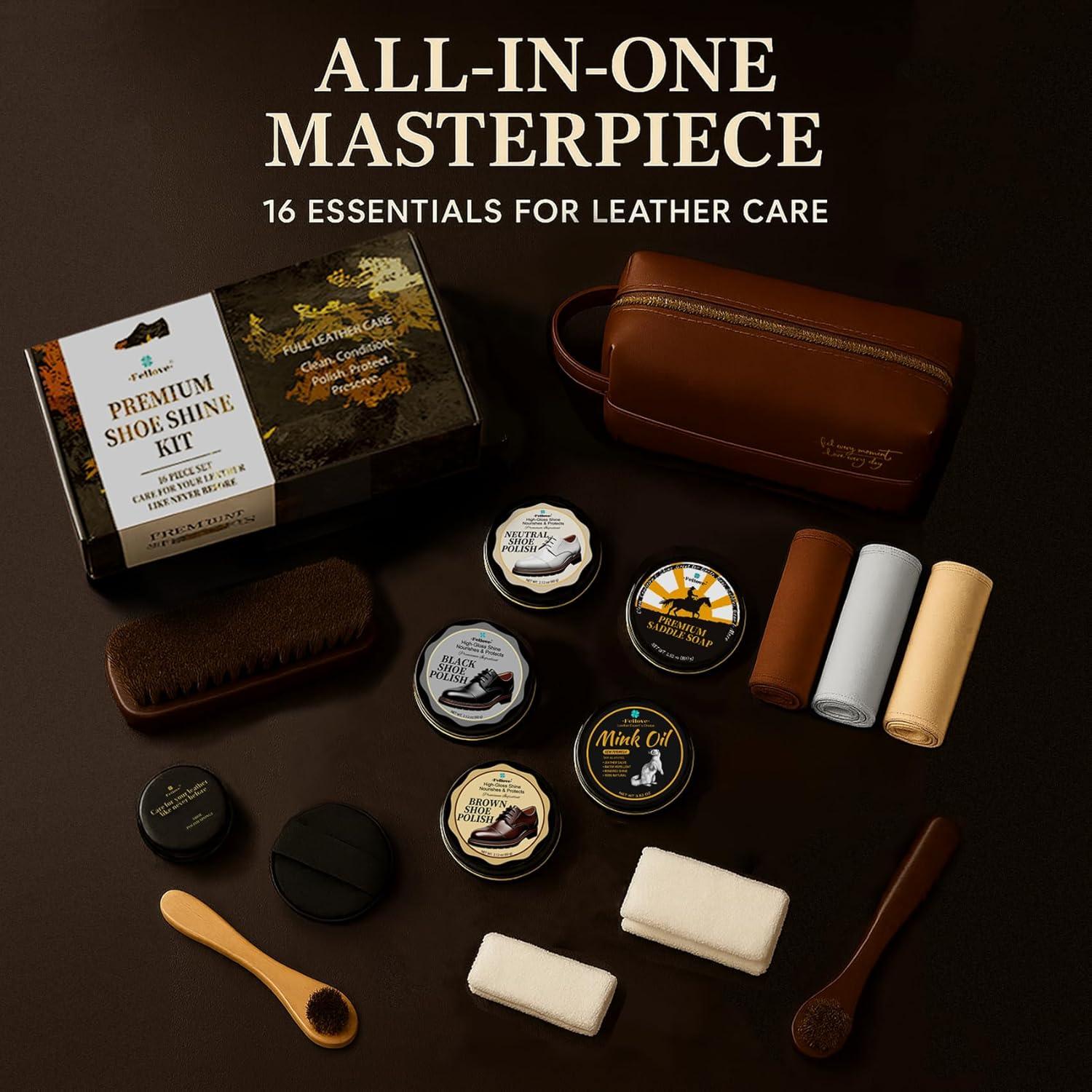 Kit de Pulido de Zapatos 16-en-1 Feilove - Cera, Jabón y Cepillos