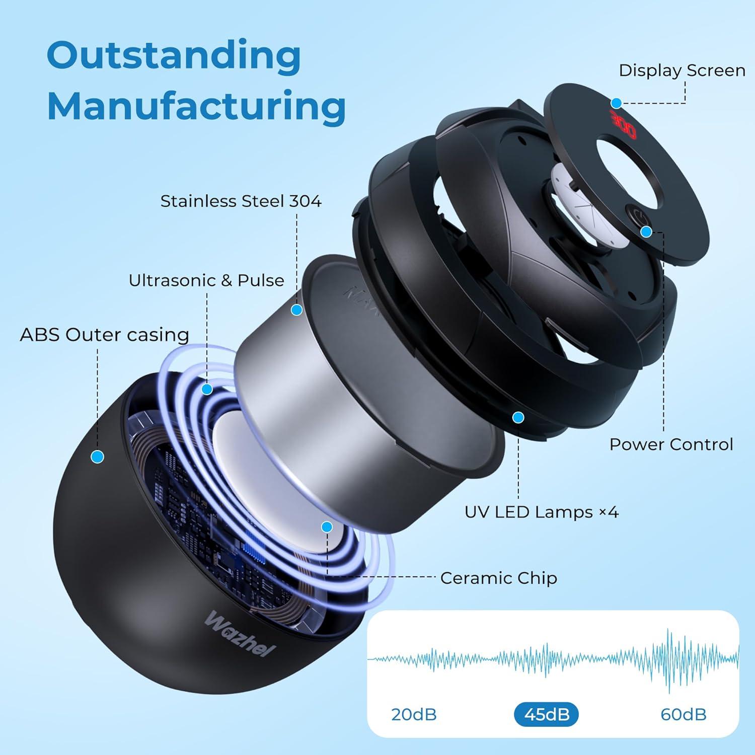 Limpiador Ultrasónico Wazhel 200ml con Luz UV y 4 Modos