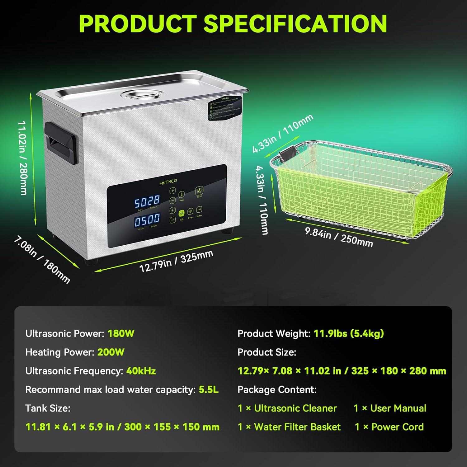 Limpiador ultrasónico MNTNCO 6L con modo ECO y táctil