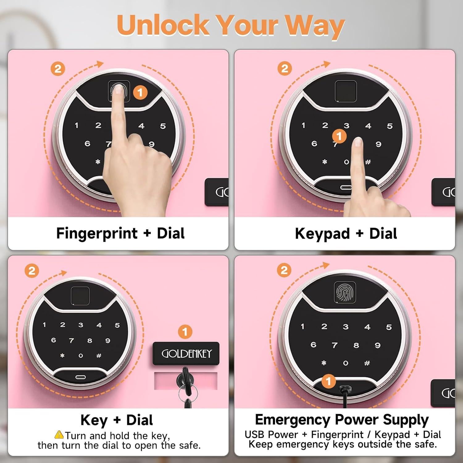 Caja Fuerte Biométrica GOLDENKEY Rosa 1.2 Pies³ con Teclado Táctil