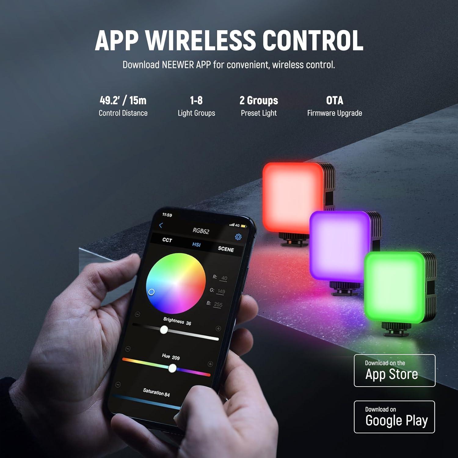 NEEWER RGB62 Luz de Video Magnética 2 Paquete Control APP
