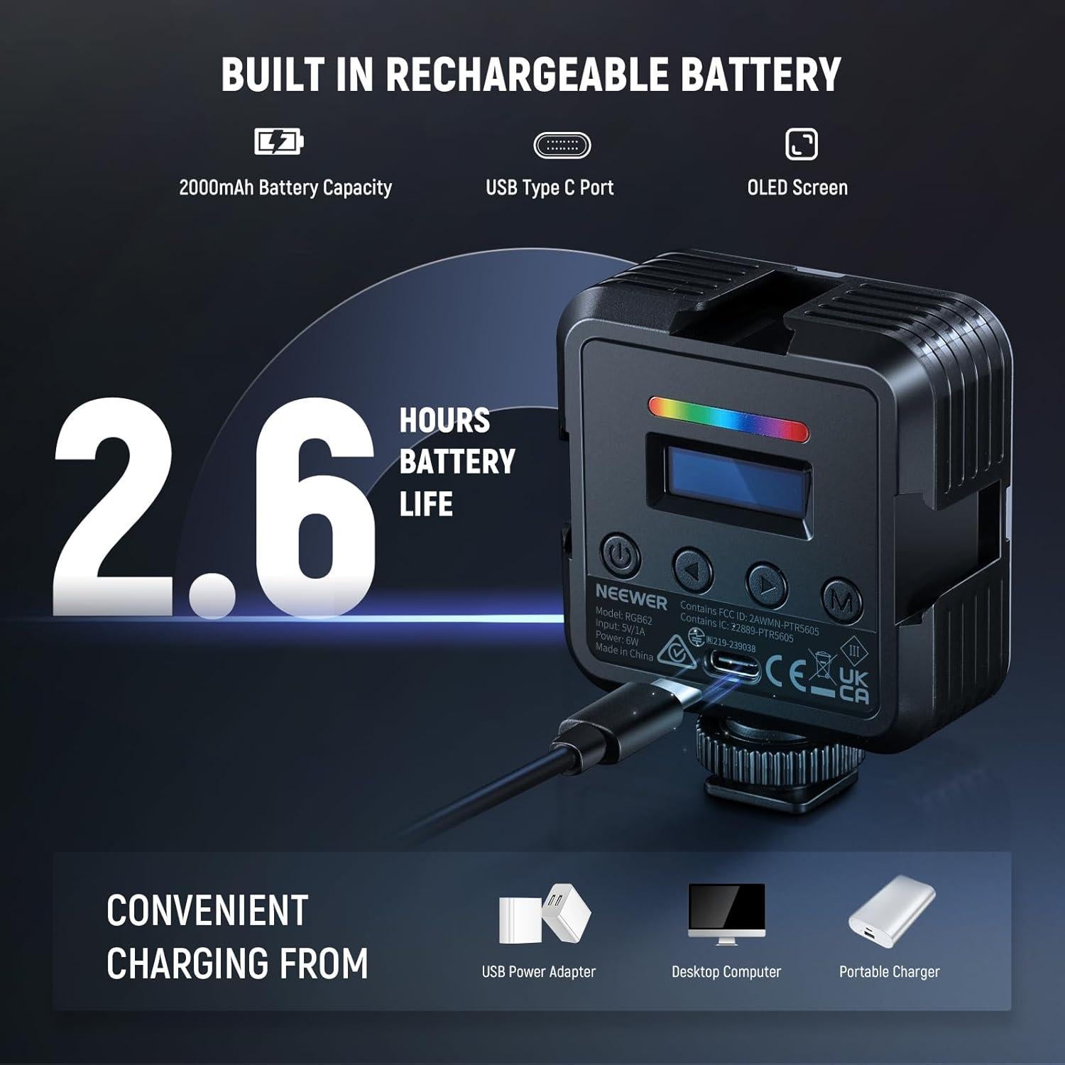 NEEWER RGB62 Luz de Video Magnética 2 Paquete Control APP