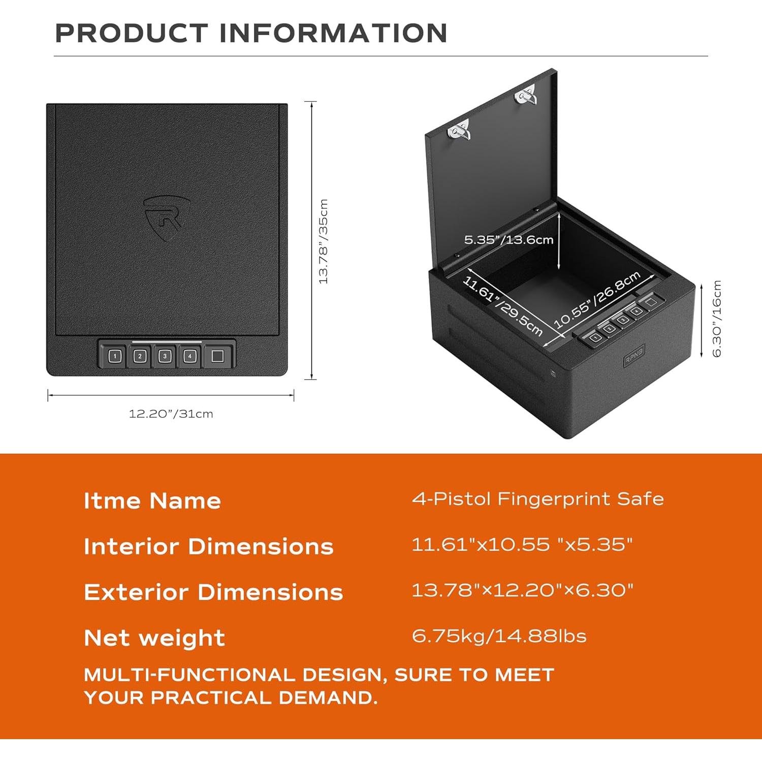 Caja Fuerte Deluxe RPNB para 4 Pistolas Biométrica 41.9x34.9x32.9 cm
