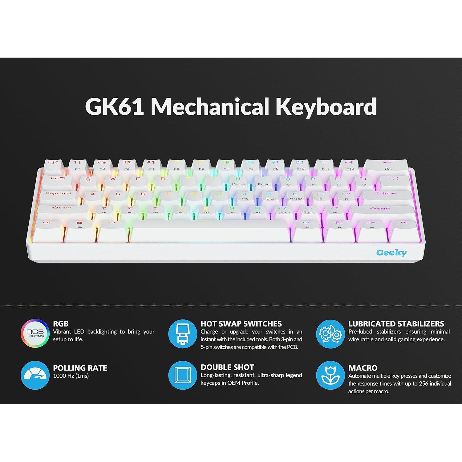 Teclado Mecánico Geeky GK61 60% RGB Blanco Speed Silver