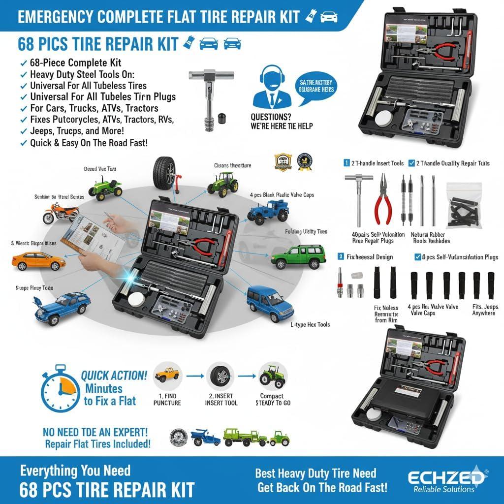 Kit de Reparación de Neumáticos ECHZED 68 Piezas Universal