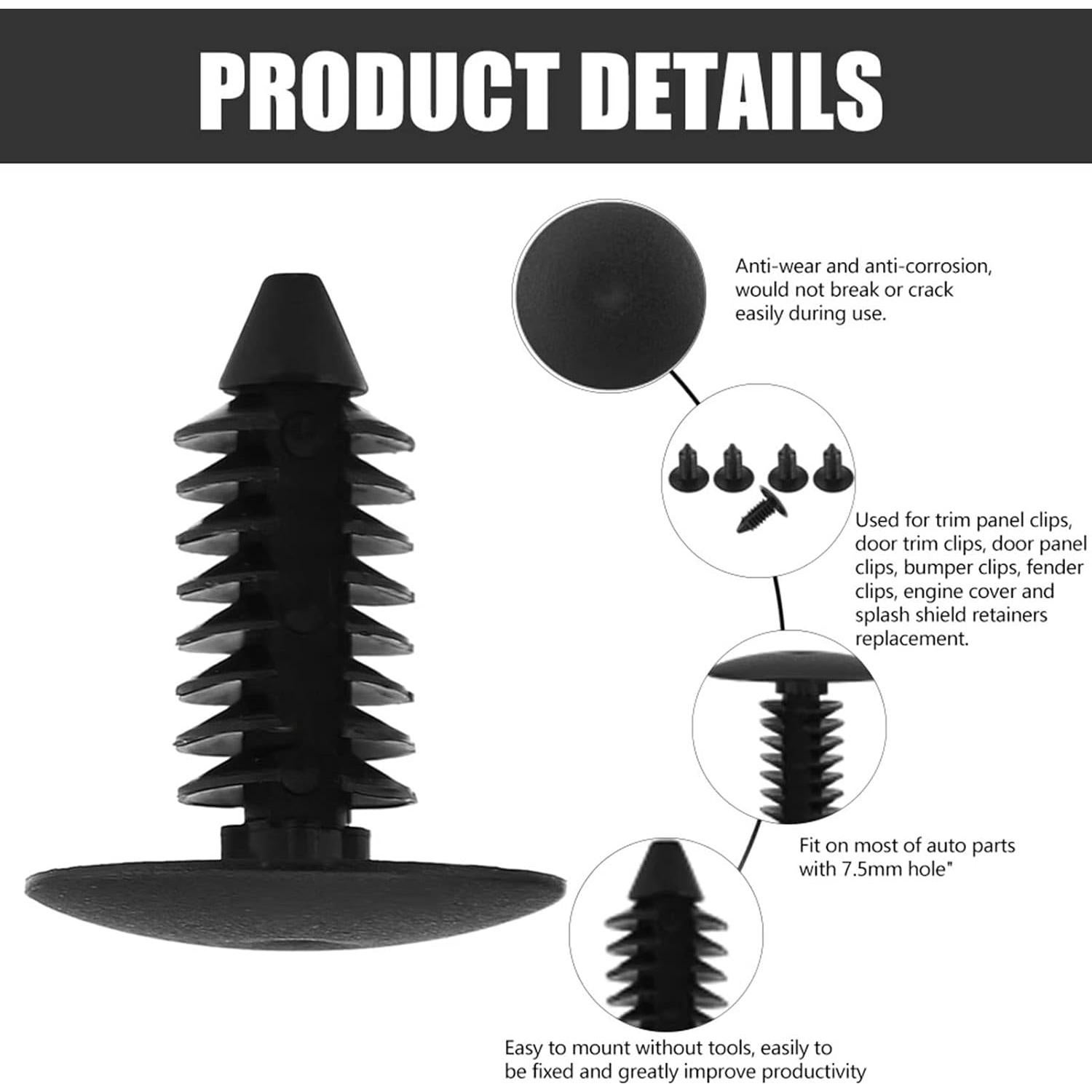 Kit de 100 Clips de Remache Universales Astibym 7.5mm Nylon