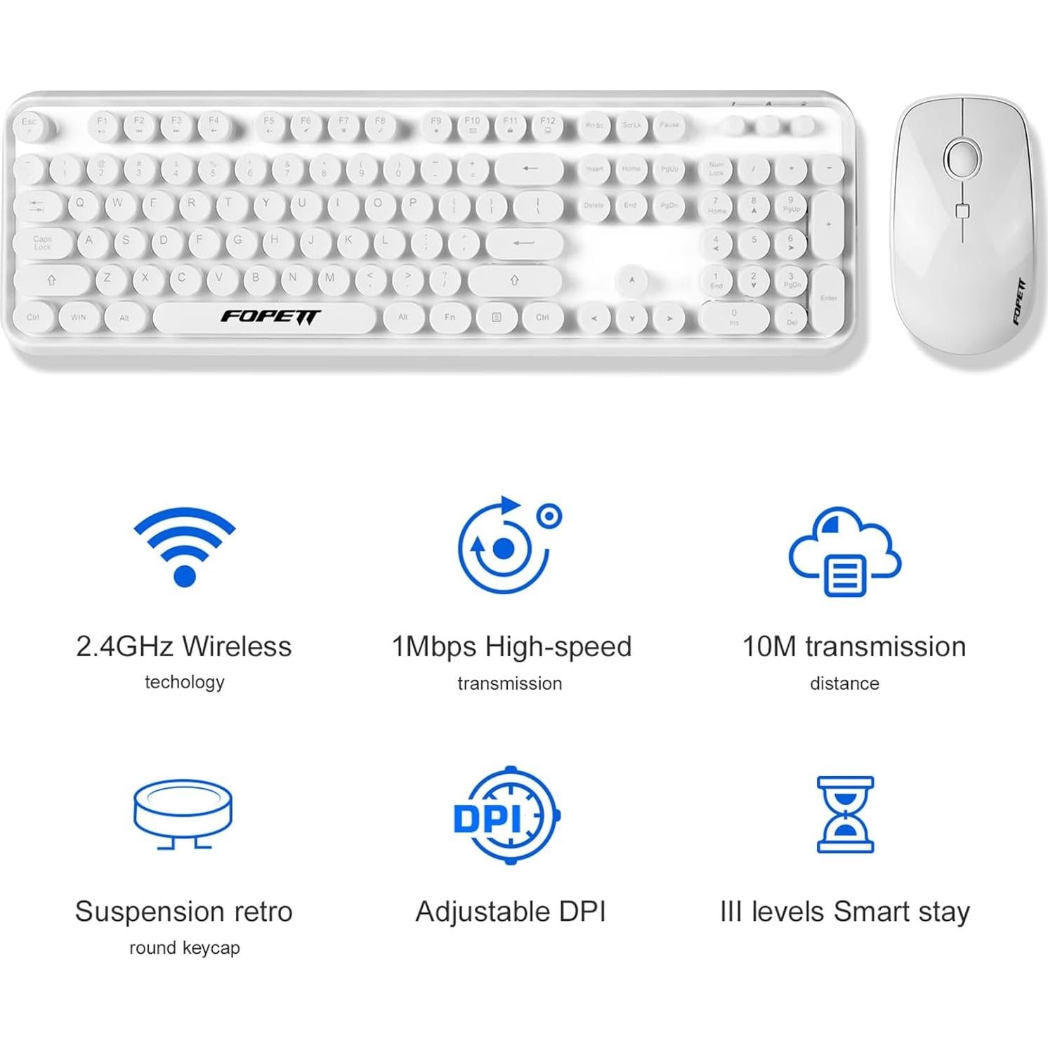 Combo Teclado y Ratón Inalámbrico FOPETT Blanco 104 Teclas