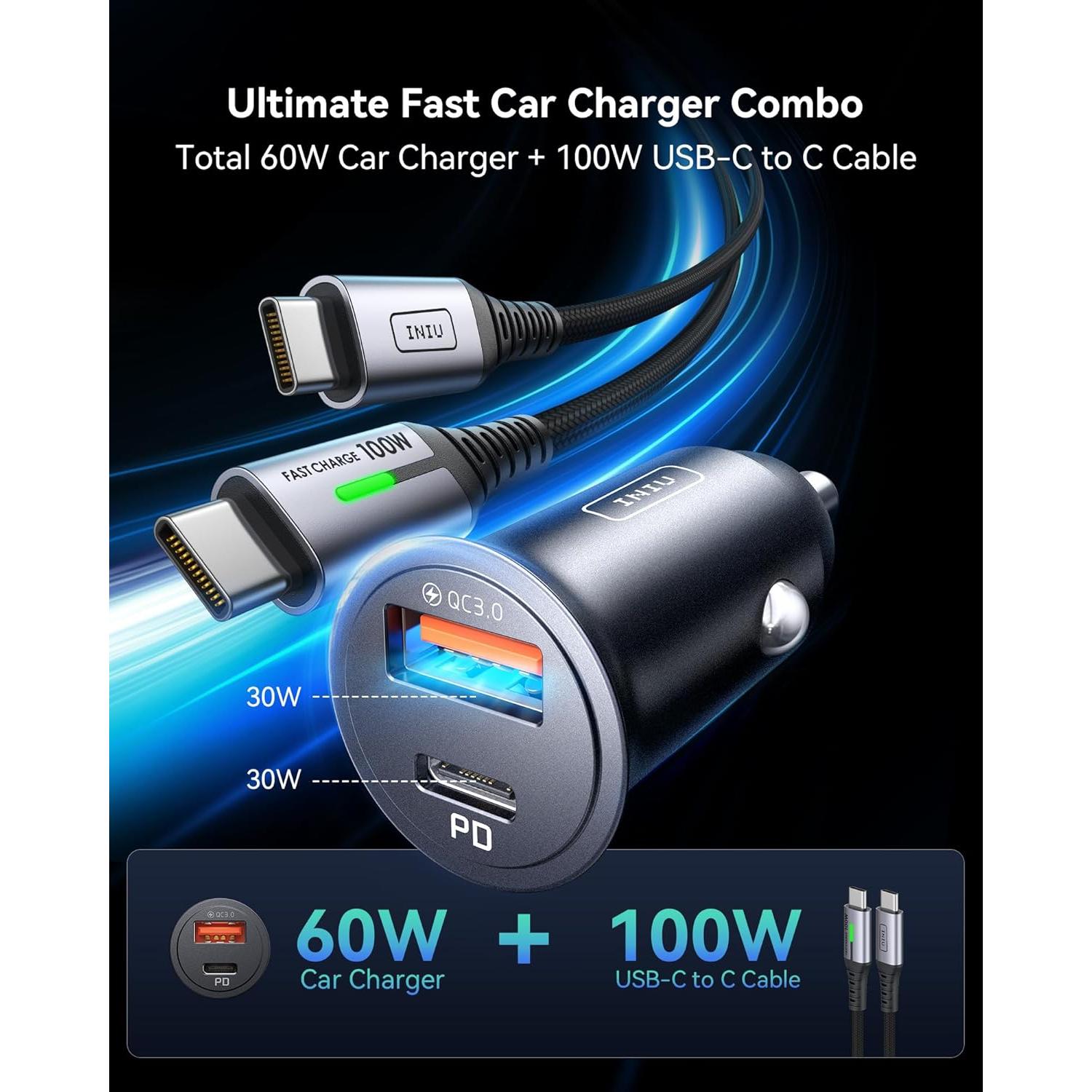 Cargador de Coche INIU 60W USB-C y USB-A con Cable 1m