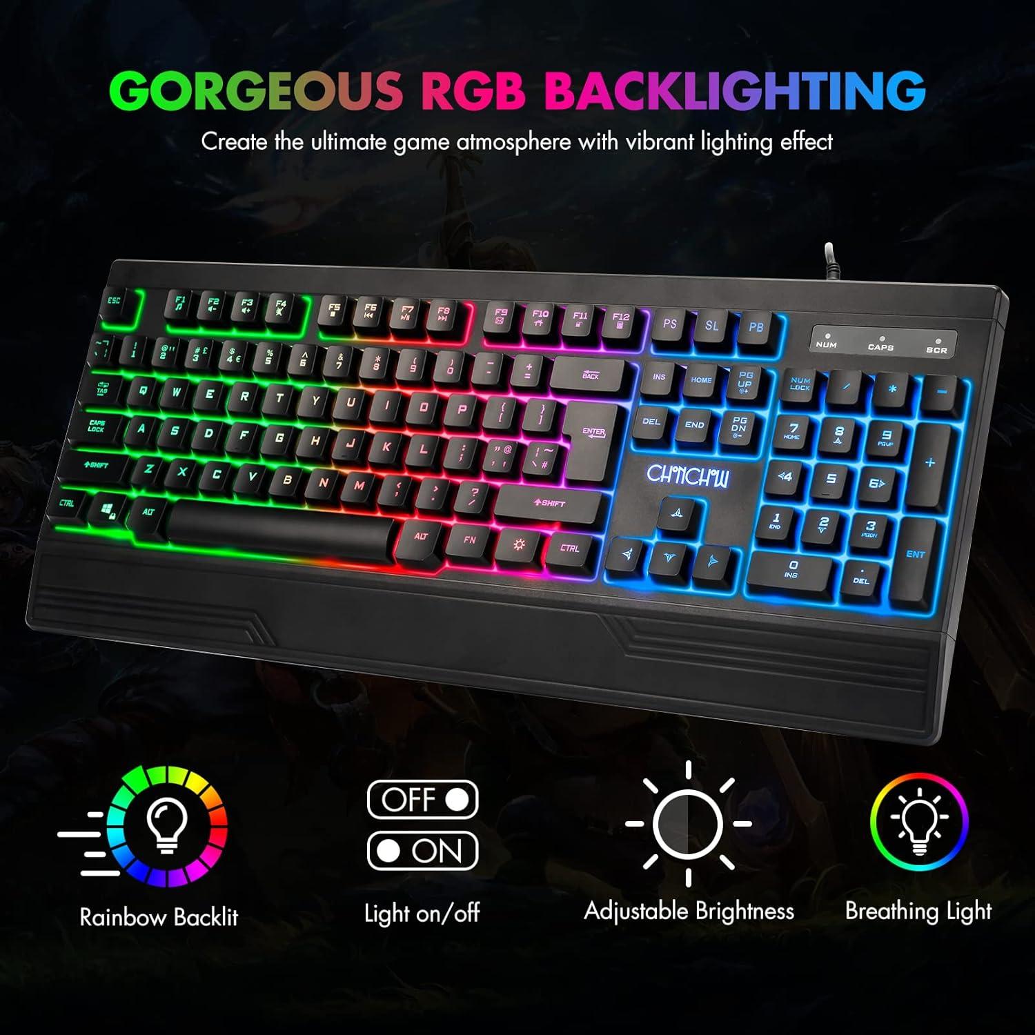 Teclado Ergonómico LED CHONCHOW 104 Teclas RGB para Juegos