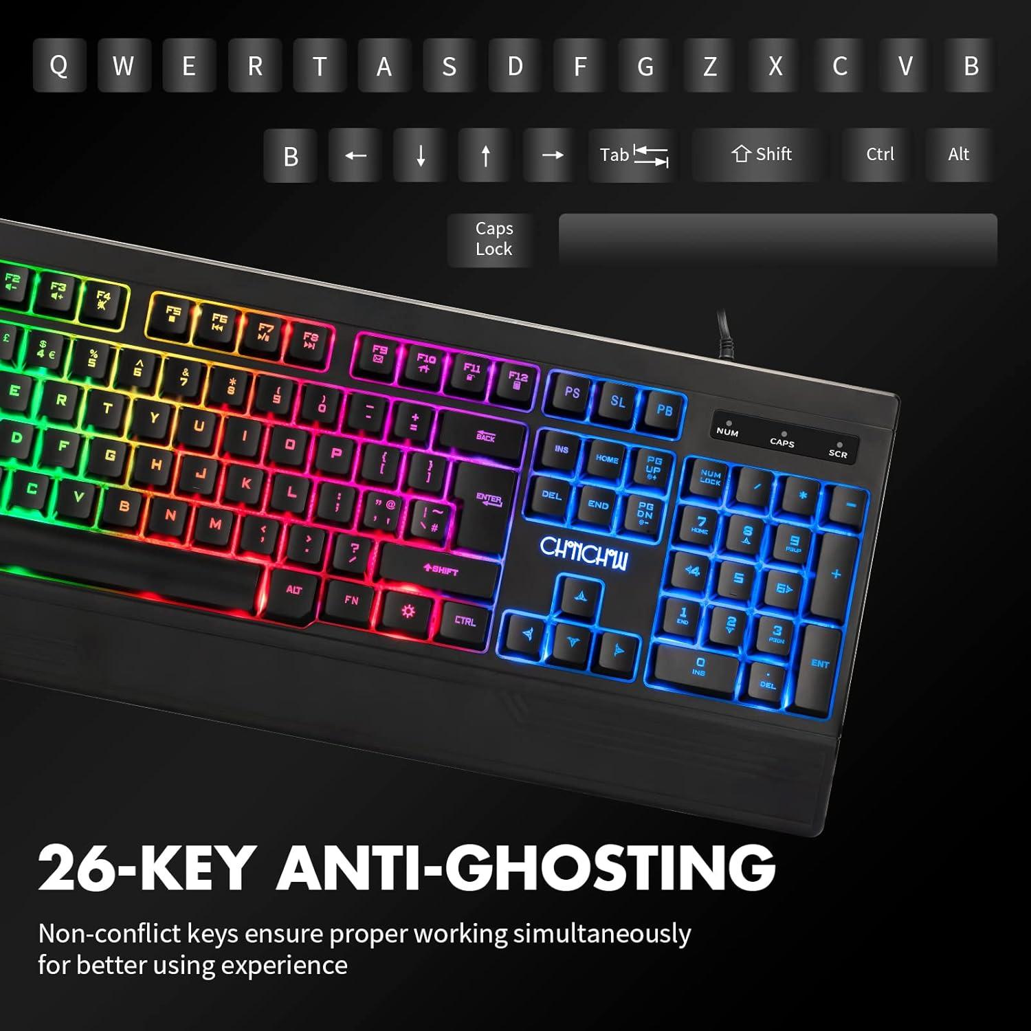 Teclado Ergonómico LED CHONCHOW 104 Teclas RGB para Juegos