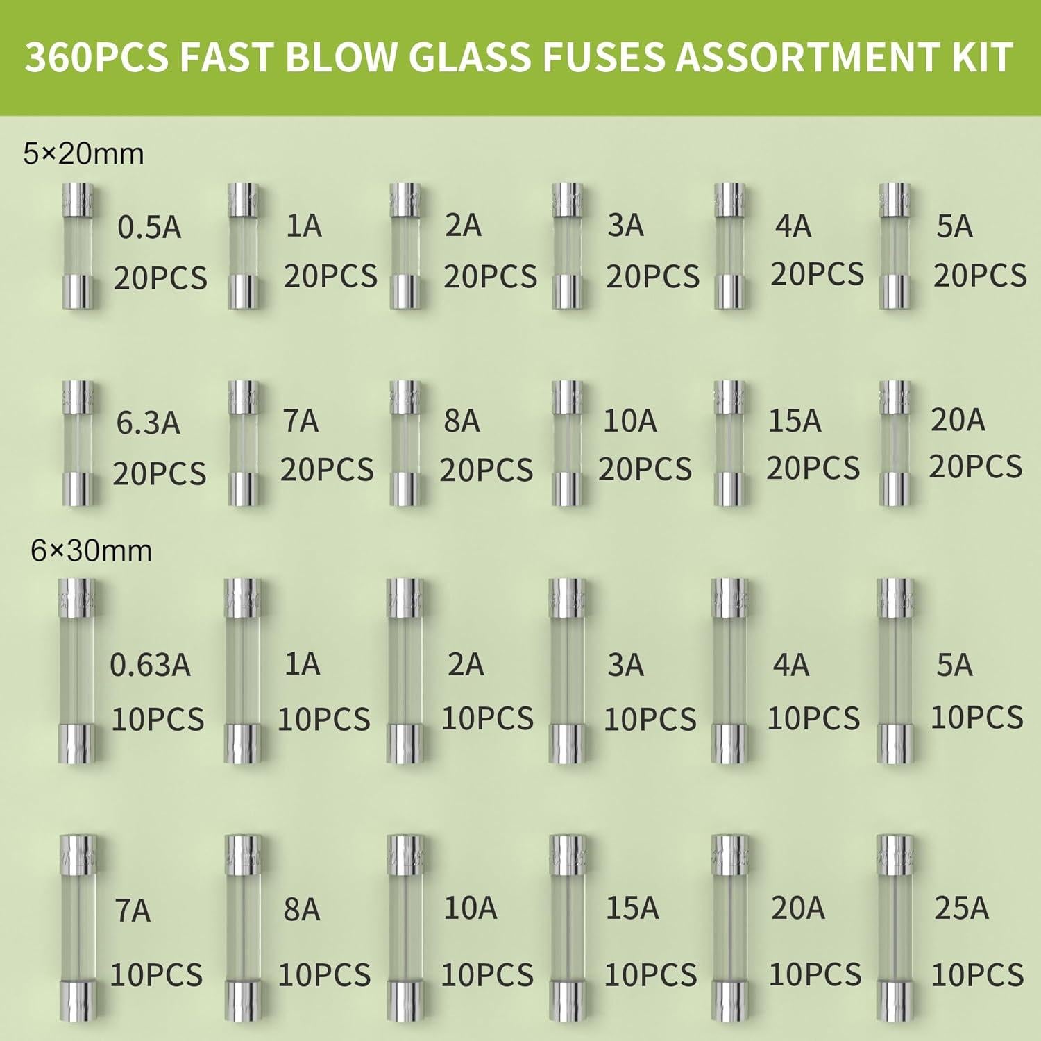 Kit de Fusibles de Vidrio Rápido Estallido 360 Piezas 250V