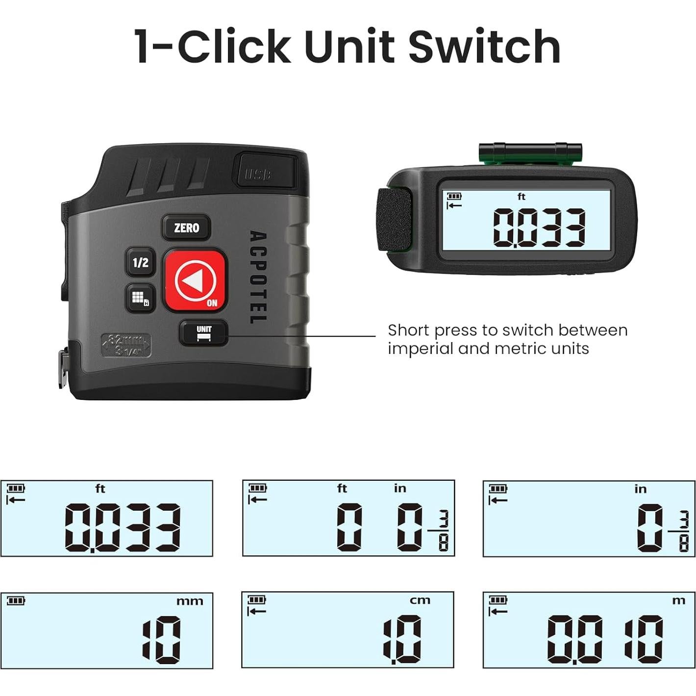 Cinta Métrica Digital ACPOTEL DT20 5m con Fracciones y Recargable